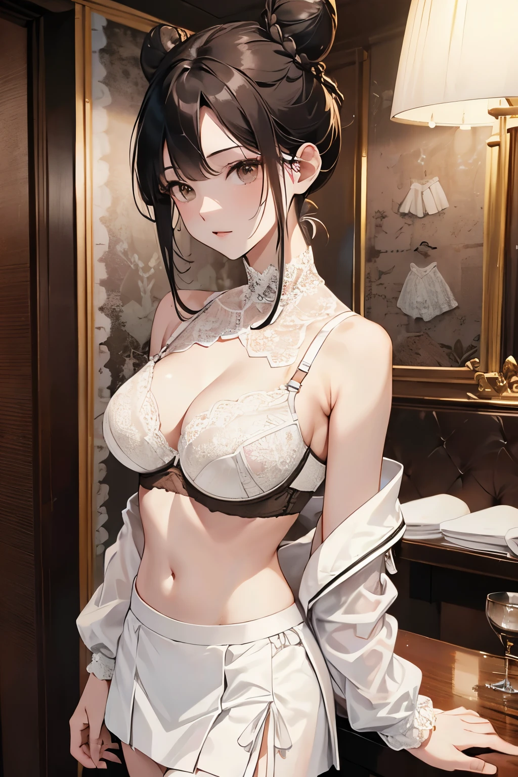best quality, highres,Slender、Brown eyes、tall、Black Hair、(Forehead Baring:1.7)、(Bun Hair:1.3),Straight Hair、Luxury Hotel、(White lace bra:1.5)、(Black Mini Skirt:1.3)