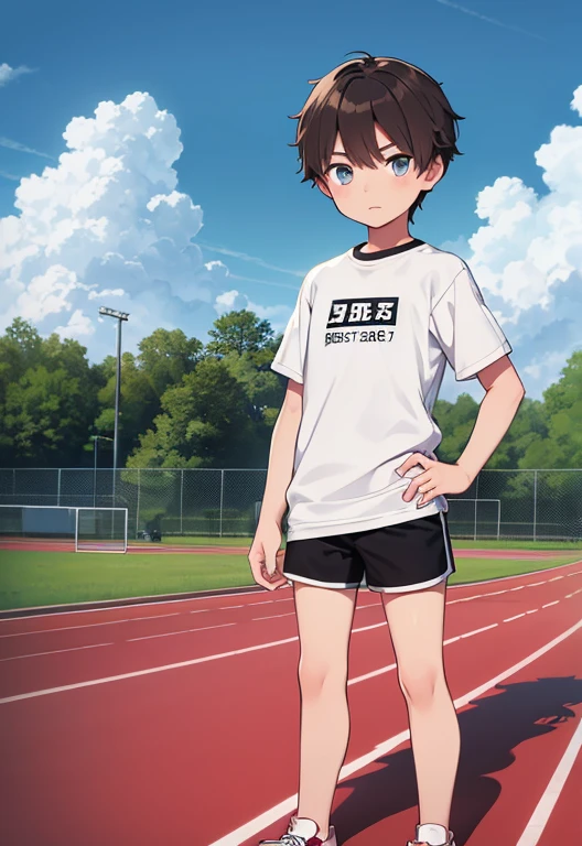 Masterpiece, high resolution, high quality, intricate details, full body portrait, front view, 1boy, solo, 14 years old boy, teenage male, short brown hair, looking at viewer, worried and uneasy expression, ((Wearing: White Gym T-shirt, Black Gym shorts, and blue sneakers)), standing, hands on hips, looking at viewer, (Background: outdoors, middle school track field, blue sky, clouds in the sky),
