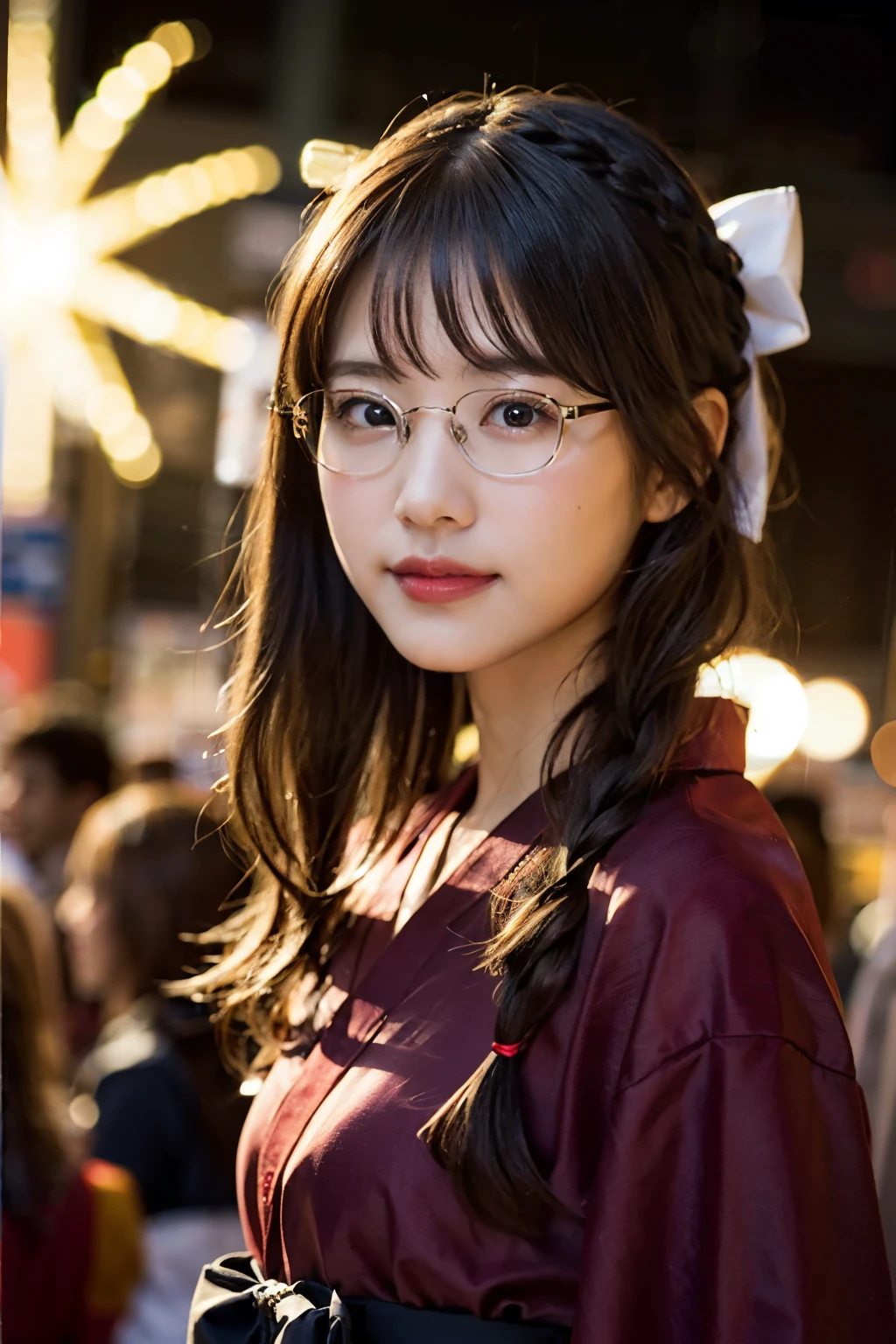 (8k、Original Photography、Top quality、masterpiece:1.2)、(Realist、Photorealistic:1.37)、Ultra Detailed、Ultra-high resolution、1 girl、Opinions vary、Beautiful and delicate face、a smile、shrink、(Slim waist) :1.3)、japanese yukata、Beautiful and smooth skin、Texture、Flowing hair、braid bow hair、Professional lighting、Fireworks show venue、Black frame square glasses、The whole body、Brown hair