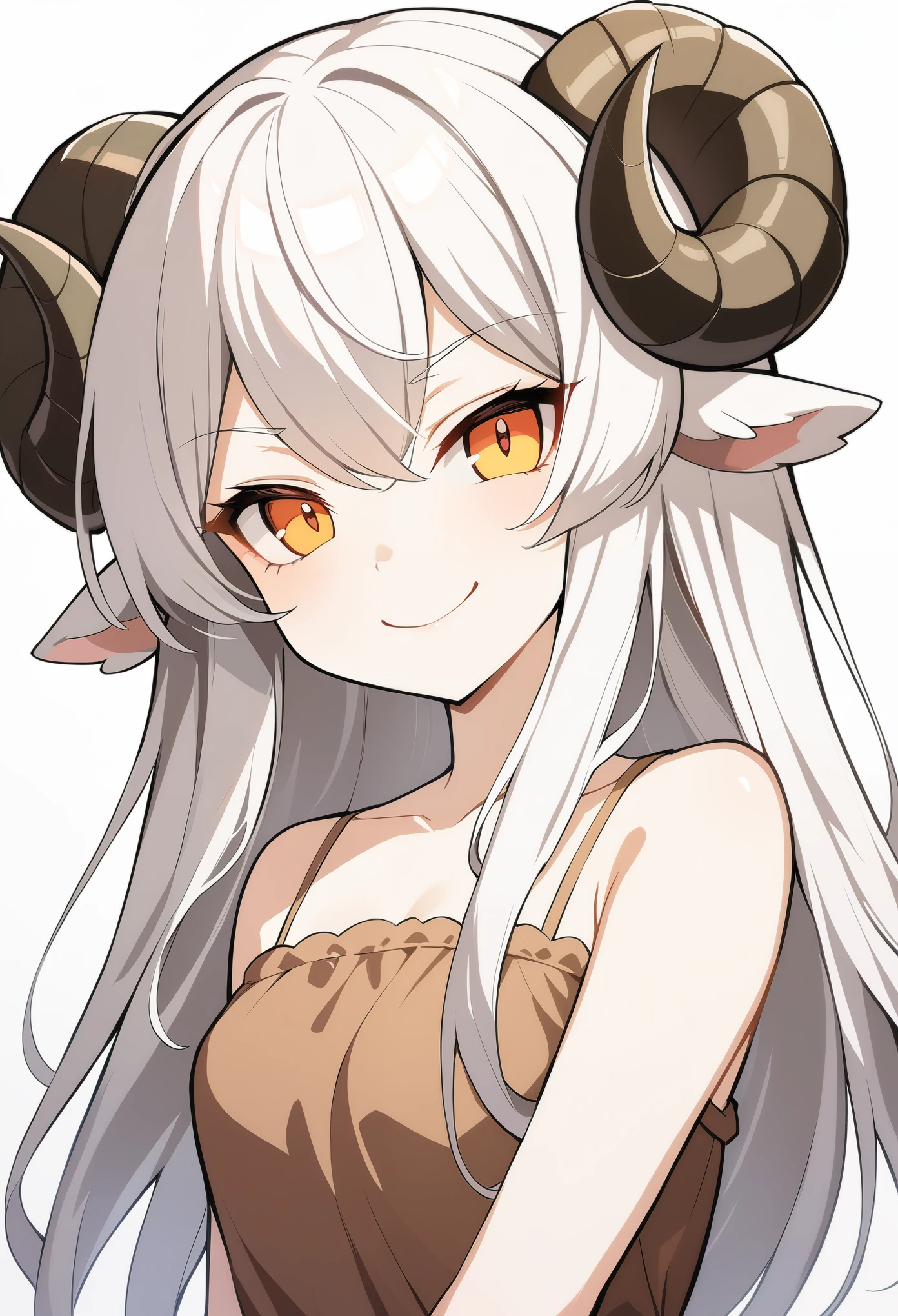 1girl, solo, score_9_up, Monstergirl Encyclopedia, sheep horns, curled horns, sheep ears, white hair, long hair, messy hair, long bangs, pale skin, orange eyes, smile, smug, stoic, small breasts, standing, (dark brown dress, sundress), (white background, simple background), upper body, masterpiece, best quality