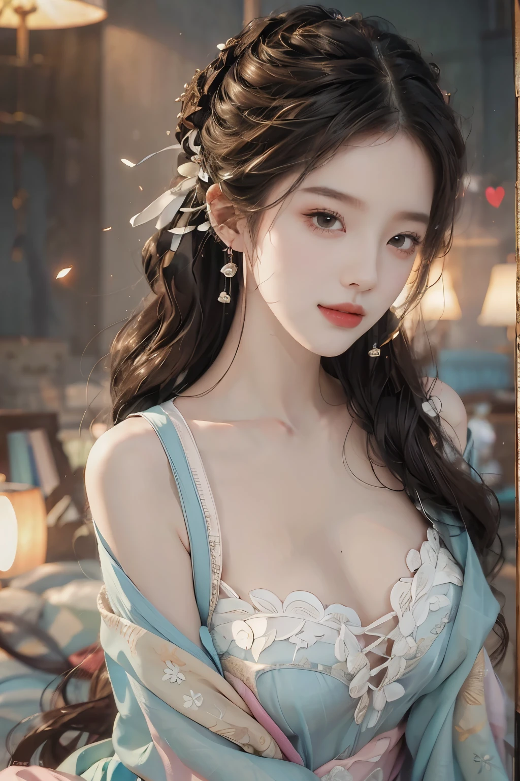 Fashion girl, liuyifei,masterpiece,best quality,official art,极其细致的CG统一8kwallpaper, ((whole body)),((Bare shoulders)), ((Very short skirt)), (High Dynamic Range:1.4), (Movie), (Soft colors, Dull Color, soothing tone:1.3), (Natural skin texture, Surrealism, Soft lighting, sharp),(Very detailed content), Professional lighting, Wireless City,((1个Giant Breast Girl，20 years old)), In the bedroom， Cold Light，best quality, Many details, masterpiece, Ultra Detailed, Implications, Very pretty beautiful girl, Beautiful and delicate eyes,8k_wallpaper,Beautiful and delicate girl, Looking at the audience, Messy hair, Large Breasts, ((focus on breasts)),reclining on the sofa，Smile，sweet smile