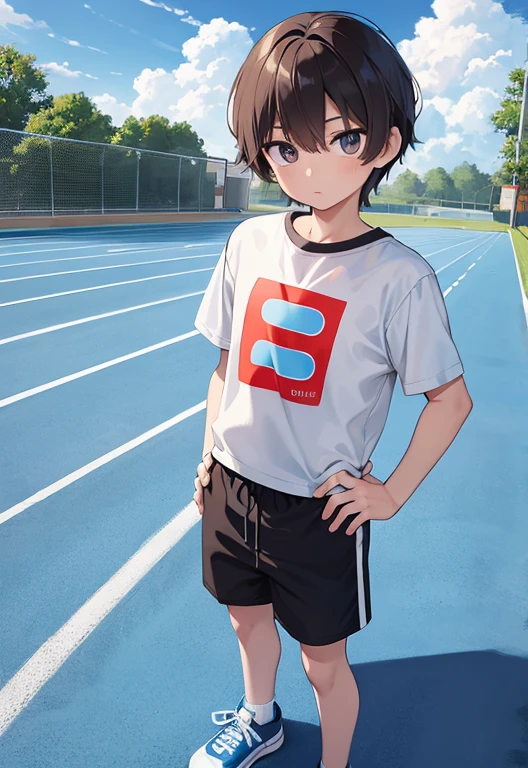 Masterpiece, high resolution, high quality, intricate details, full body portrait, front view, 1boy, solo, 14 years old boy, teenage male, short brown hair, looking at viewer, worried and uneasy expression, ((Wearing: White Gym T-shirt, Black Gym shorts, and blue sneakers)), standing, hands on hips, looking at viewer, (Background: outdoors, middle school track field, blue sky, clouds in the sky),
