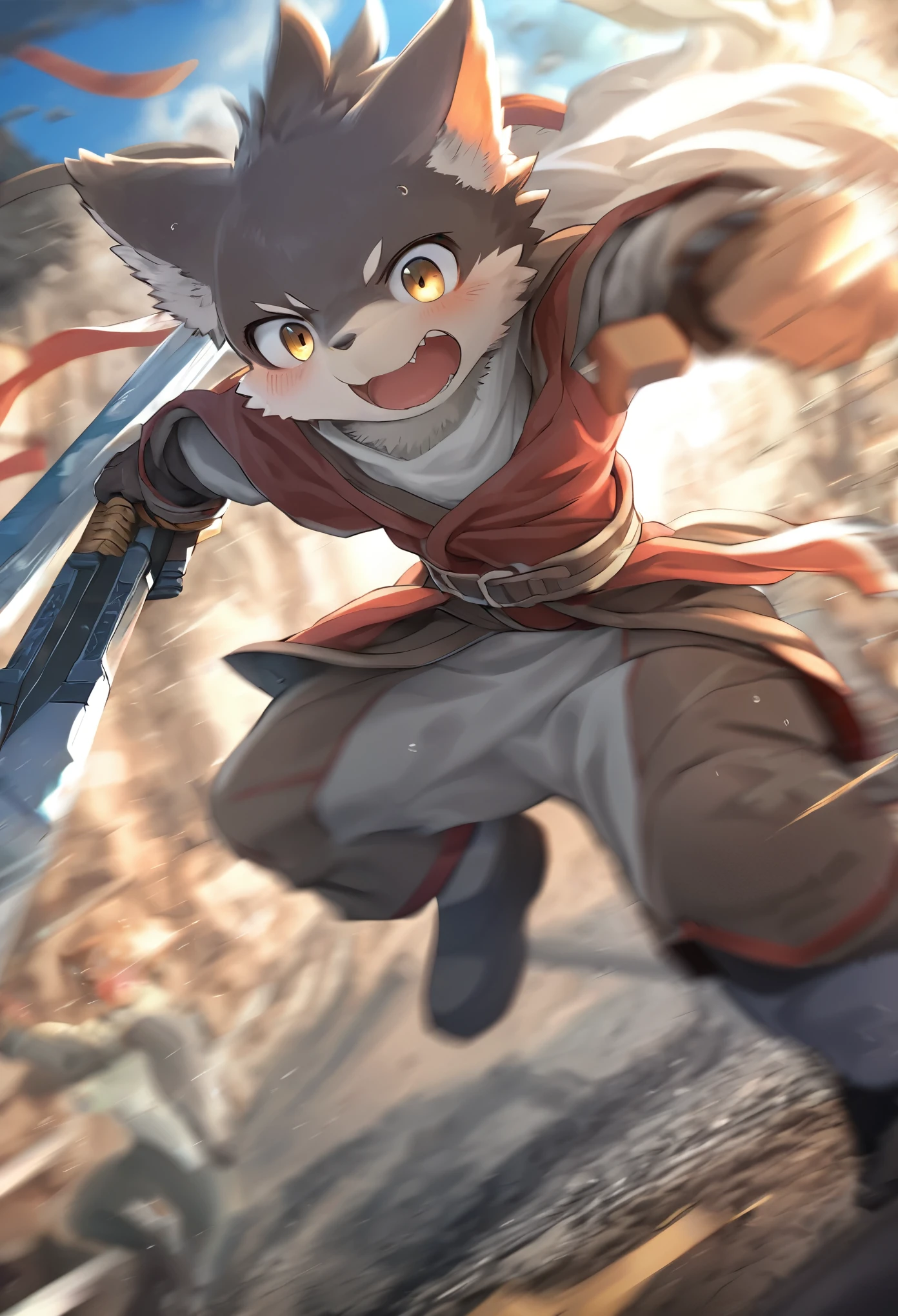 top quality, high-quality illustrations((masterpiece))depth of field, motion blur, absurdres, Perfect Anatomy, magnificent picture of kemono fighting fierce battles, kemono, 1boy, solo focus, Anthro((dramatic))epic, weapon, dynamic pose, One scene of movie,