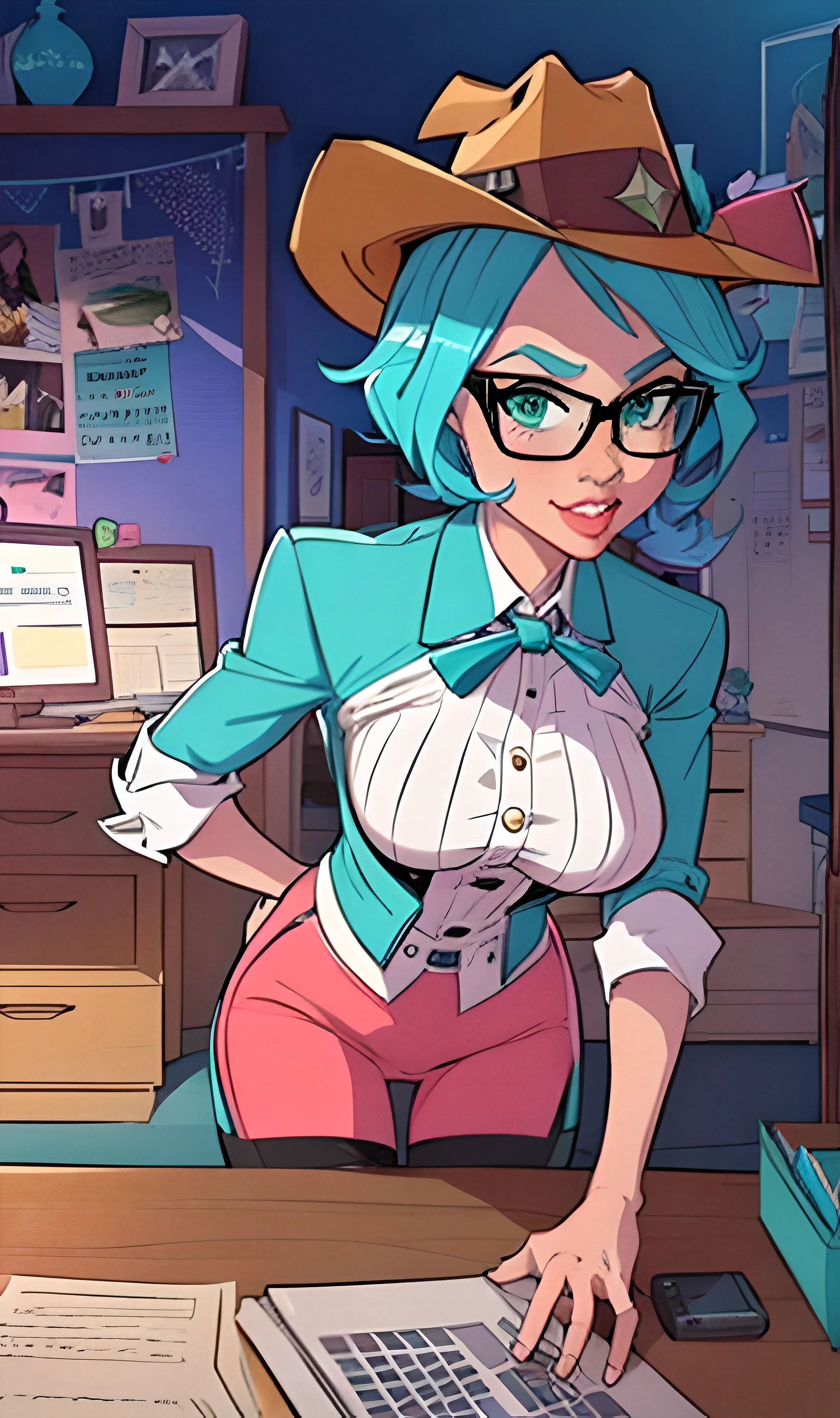 (best quality,masterpiece:1.2),1 girl,turquoise office suit and pants,medium short lavender hair,cowboy hat,green eyes,office,secretary,sharp focus,vivid colors,portraits,studio lighting,modern,colorful background,floors and walls with geometric patterns,confident expression,typing on a vintage typewriter,reception desk with a vase of fresh flowers,trendy glasses,high heels,superhero inspiration,organized shelves with books and files,stylish accessories,computer monitor displaying graphs and charts,creative artwork on the walls,epic posture,professional demeanor,impressive office view,inspiring quotes,positive energy.