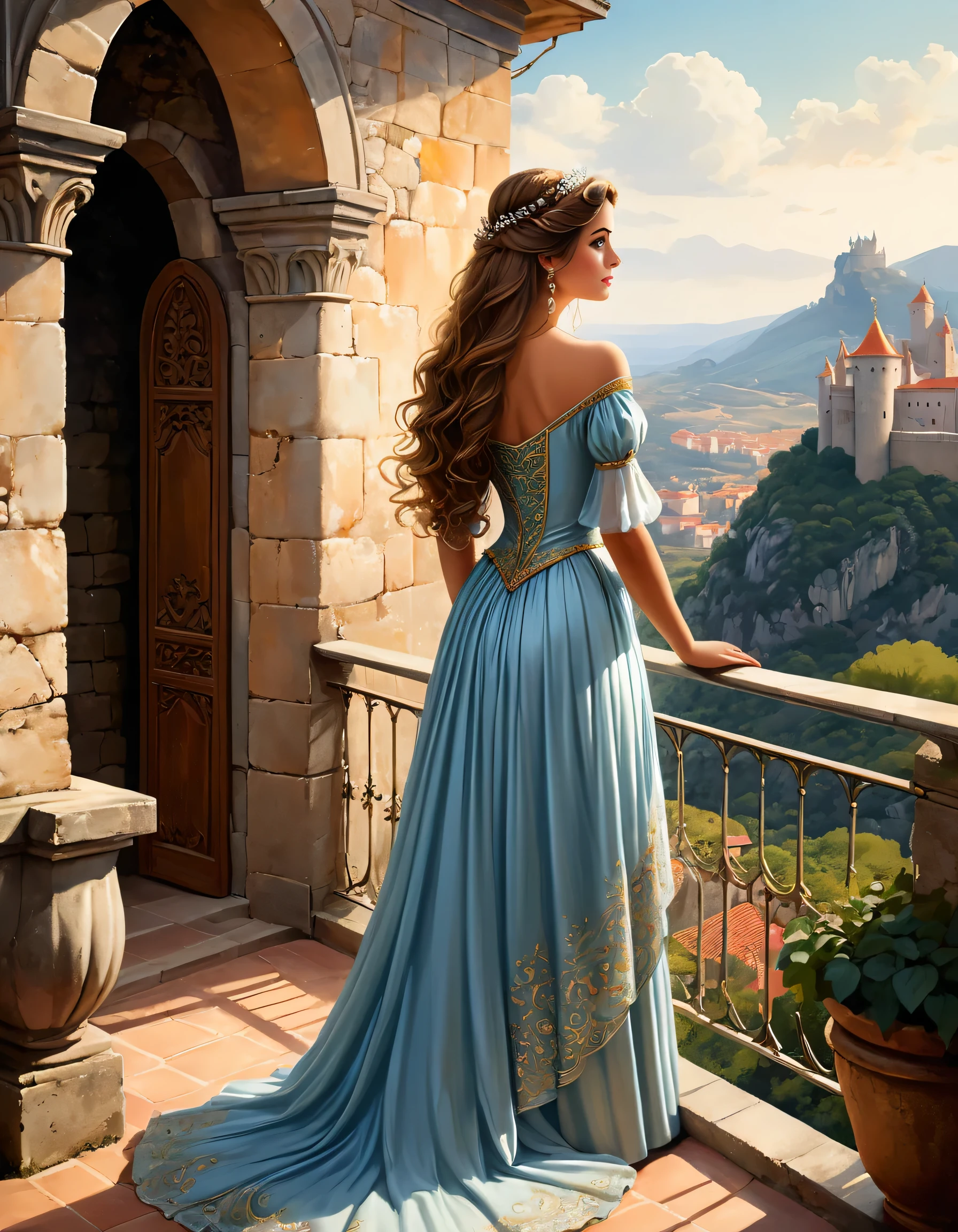 princesa, adulto, Caucasiano, rosto bonito, melancholy look, longos cabelos dourados, vestido longo prateado, vestido de princesa estilo disnei, standing on a balcony, castelo de pedra, peaceful atmosphere, ancient folktale illustration, de costa, looking back.
