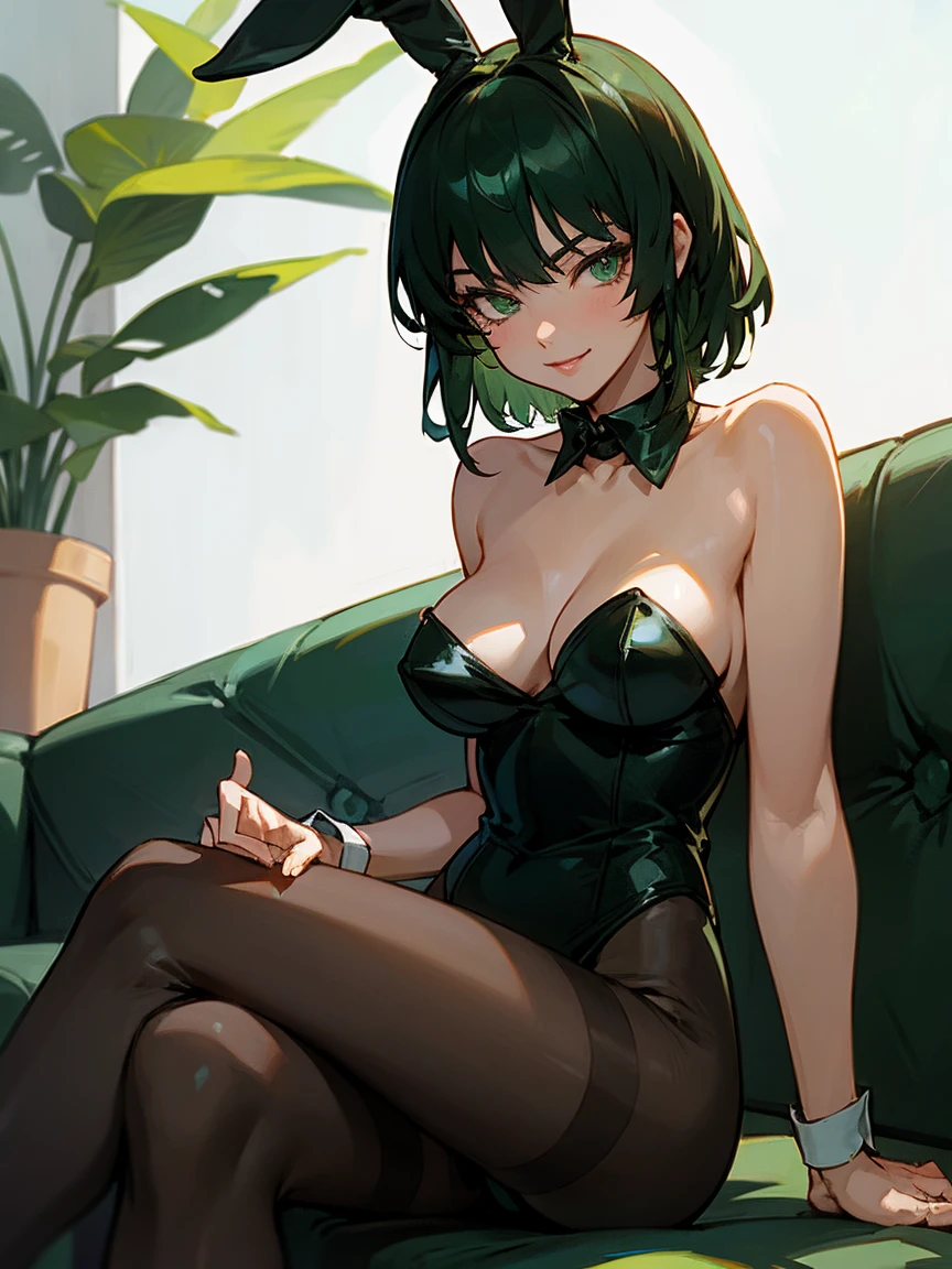 fubuki, green hair, pantyhose, playboy bunny, smile, office, cowboy shot, sitting, crossed legs, couch, highly detailed, HD, 4K, Masterpiece, highres