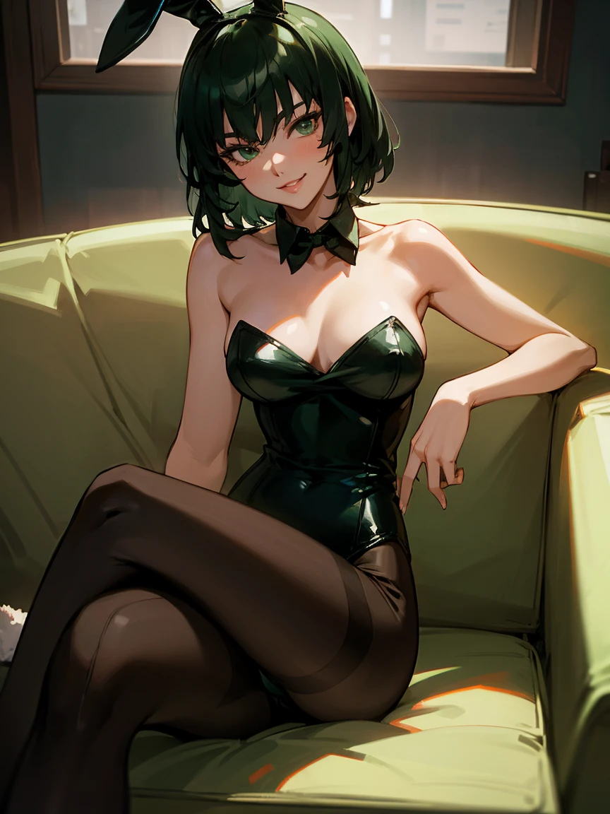 fubuki, green hair, pantyhose, playboy bunny, smile, office, cowboy shot, sitting, crossed legs, couch, highly detailed, HD, 4K, Masterpiece, highres