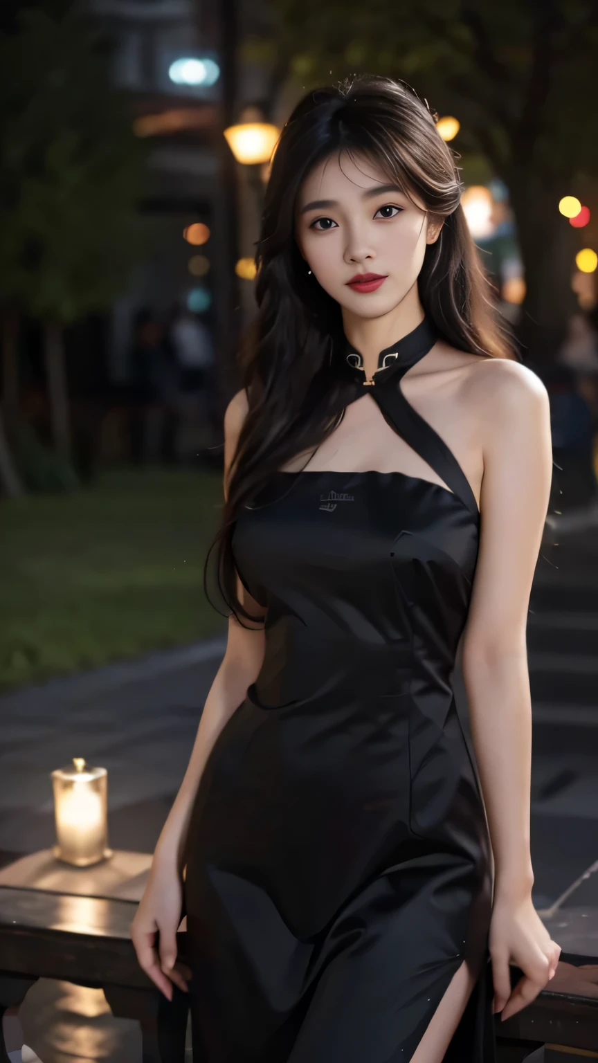 Night shot,A girl wearing a black silk cheongsam,A large group of fireflies danced around the girl.,Girl's hair style,Delicate and fair skin,Fine hair,Big bright eyes,Long eyelashes,Simple hair accessories,Tassel earrings,Oval face,Light eyeshadow and blush,Red lips,Delicate,Delicate clavicle,Full and firm breasts,Model figure,Curvy figure,Perfect body proportions,Thin waist,Detailed clothing details,Realistic,Look at the camera, masterpiece, RAW photo, 8k resolution, realistic, exquisitely detailed skin, masterpiece, best quality, unity 8k wallpaper, ultra detailed, cinematic look, natural skin texture, extremely realistic skin texture, finely detailed face,(film grain:1.2),cinematic angle, Fujifilm XT3, (highly detailed), (detailed lighting),(contrast),(mysterious atmosphere),vivid illumination, masterful technique, harmonious composition, immersive atmosphere, stunning visuals, best quality, official art, extremely detailed CG, highly detailed,