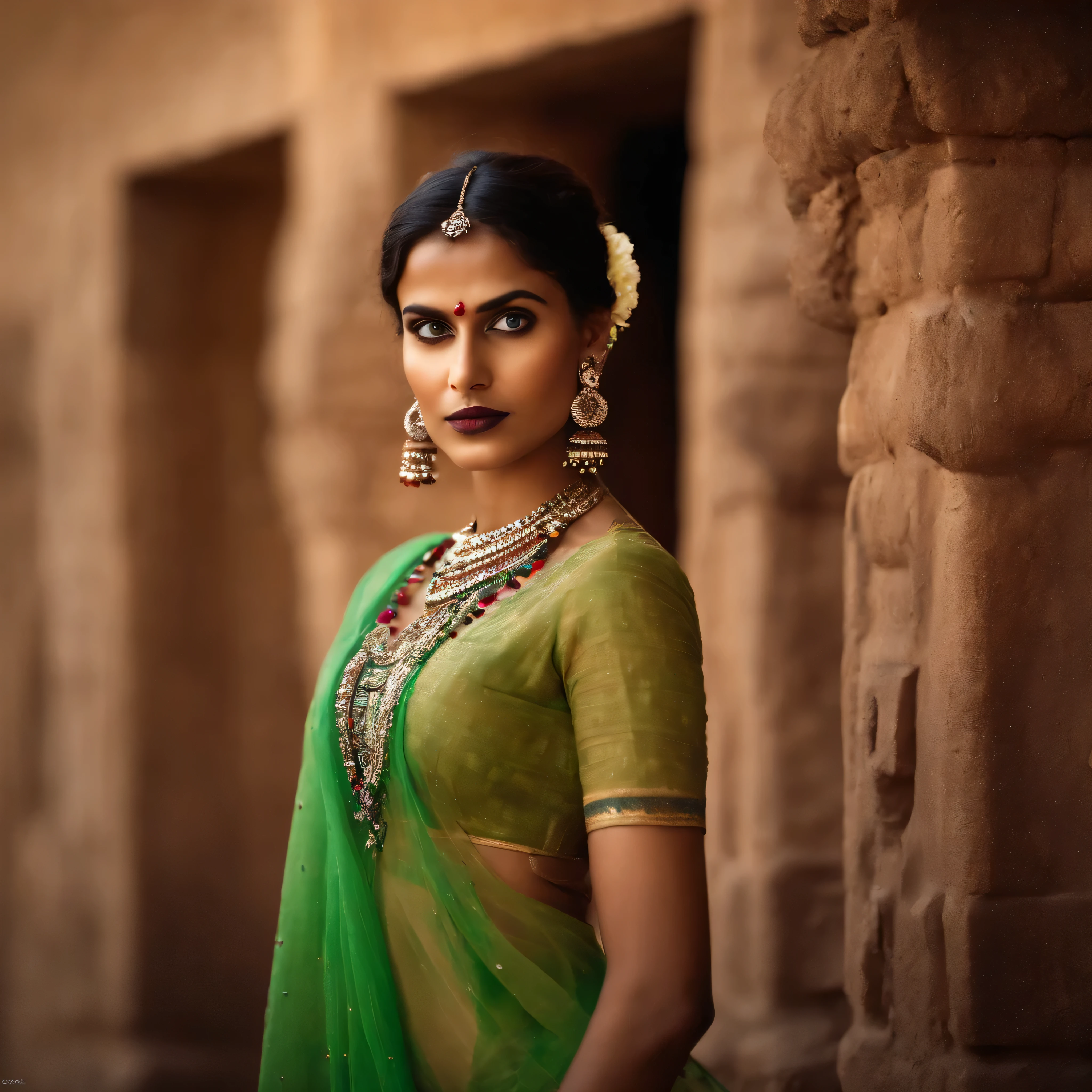 Dusky Dark Indian Tribal Village Super Model, Light blue-green eyes. Eyes and pupils should be symmetrical. A noble and elegant dress made of Colourful Bandhani Silk From Kutchi Embroider.
Look at the camera. Light on face. Elegant face. Smooth skin. Fresh make-up. Full lips and dark pale red lipstick. Thin, very light brunette eyebrows. A woman of great beauty. Centered composition. Body portrait. A slim body. Arms, hands and fingers are perfectly smooth and beautiful. A masterpiece of small details. Perfect synchronization of soft colors and vivid colors. An image that cannot be real. Perfect pose. Rare beauty. Flawless beauty. Too good to be true. Volumetric Light. The image has a mysterious look and should have an incredible masterpiece quality. Fantastic. Fantasy. Futurism. Surrealism. Pop surrealism. Ultra detail