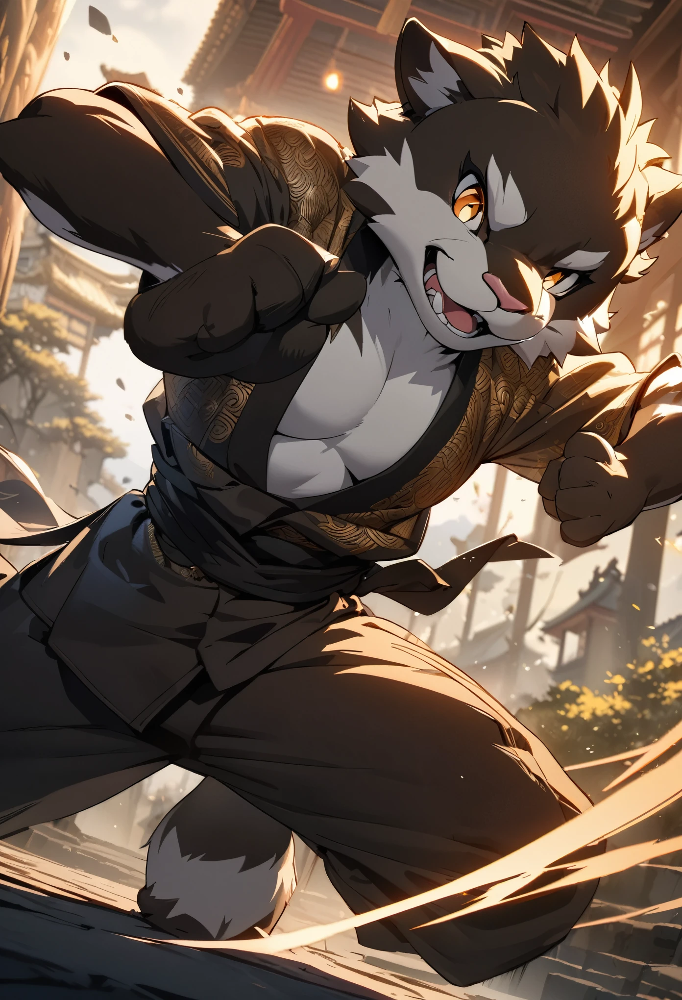 dynamic angle, top quality, best quality, High-quality illustrations, masterpiece, super high resolution, detailed background, detailed background, kung fu film, action, absurdres(highly detailed beautiful face and eyes)perfect anatomy, expression, good lighting, cinematic shadow(kemono, furry anthro),