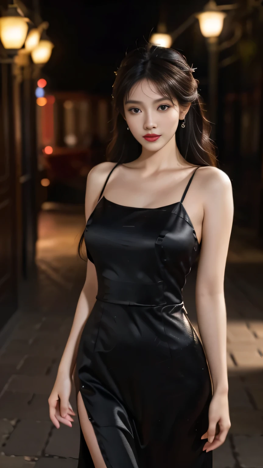 Night shot，A girl wearing a black silk cheongsam，A large group of fireflies danced around the girl.，Girl&#39;s hair style，Delicate and fair skin，Fine hair，Big bright eyes，Long eyelashes，Simple hair accessories，Tassel earrings，Oval face，Light eyeshadow and blush，Red lips，Delicate，Delicate clavicle，Full and firm breasts，Model figure，Curvy figure，Perfect body proportions，Thin waist，Detailed clothing details，Realistic，Look at the camera， masterpiece, RAW photo, 8k resolution, realistic, exquisitely detailed skin, masterpiece, best quality, unity 8k wallpaper, ultra detailed, cinematic look, natural skin texture, extremely realistic skin texture, finely detailed face,(film grain:1.2),cinematic angle, Fujifilm XT3, (highly detailed), (detailed lighting),(contrast),(mysterious atmosphere),vivid illumination, masterful technique, harmonious composition, immersive atmosphere, stunning visuals, best quality, official art, extremely detailed CG, highly detailed,  