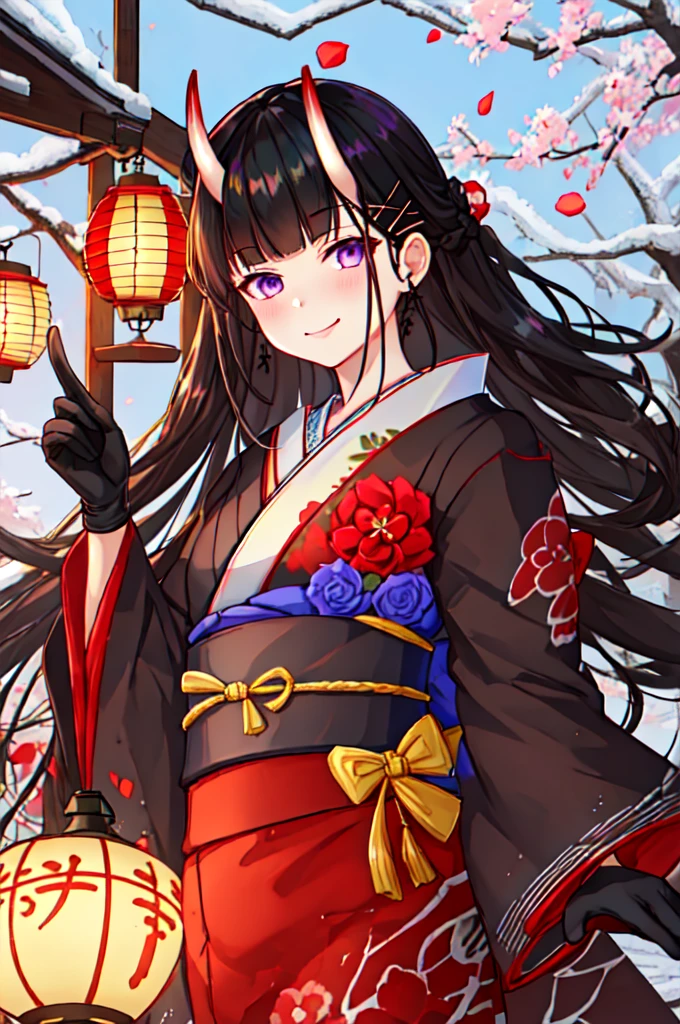 best quality, masterpiece, highres, solo, {noshiro_azurlane:1.15}, long_hair, horns, oni_horns, black_hair, purple_eyes, bangs, hair_ornament, hairclip, breasts, x_hair_ornament, serafuku, very_long_hair, 1girl, candy_apple, food, gloves, holding, japanese_clothes, kimono, looking_at_viewer, red_kimono, black_gloves, blunt_bangs, closed_mouth, long_sleeves, petals, smile, wide_sleeves, hairpin, lantern, obi, sash, upper_body