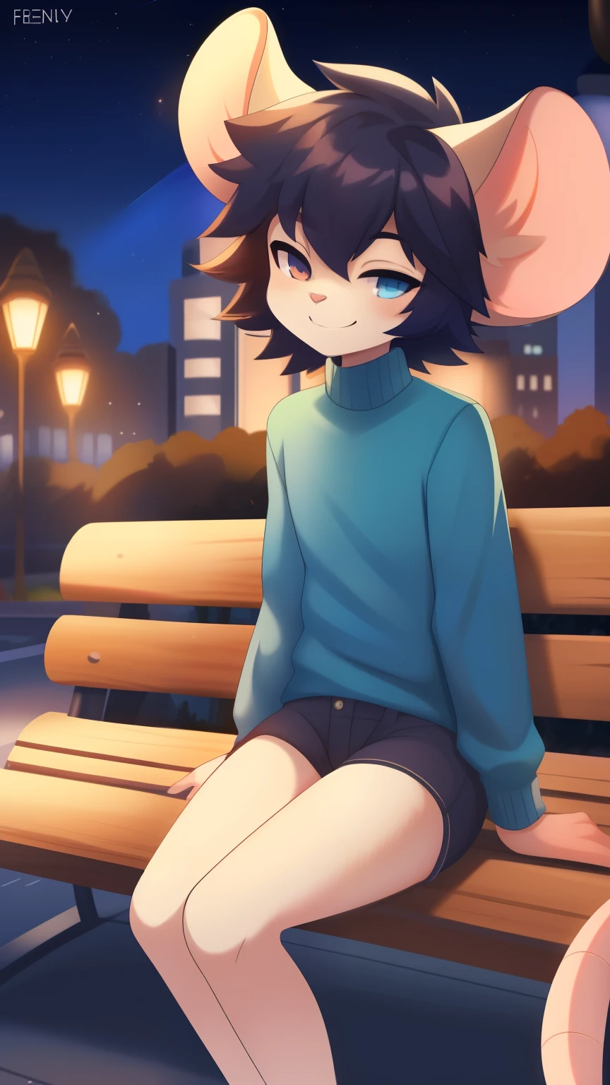 Best quality, super detailed illustration, warm colors, Ideal lighting, (fluffy mouse boy:1.4), white fur, feminine face and body, disheveled thick hair, short shorts, blue long-sleeve sweater, sitting on a bench in the park by the light of a lamppost, at night,smug smile, half-closed eyes , Femboy, slim, perfect body, style "DND"