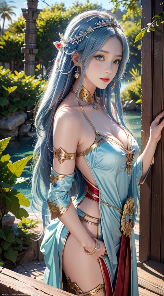 Allard woman in costume poses in front of the mirror, closeup fantasy with water magic, Gorgeous Role Play, Japanese goddess, [ trending on CGSociety ]!!, Anime goddess, beautiful and seductive anime woman, glamourous cosplay, Anime girl cosplay, ((a beautiful fantasy empress)), seductive anime girls, cosplay, Beautiful goddess, extremely detailed goddess shot