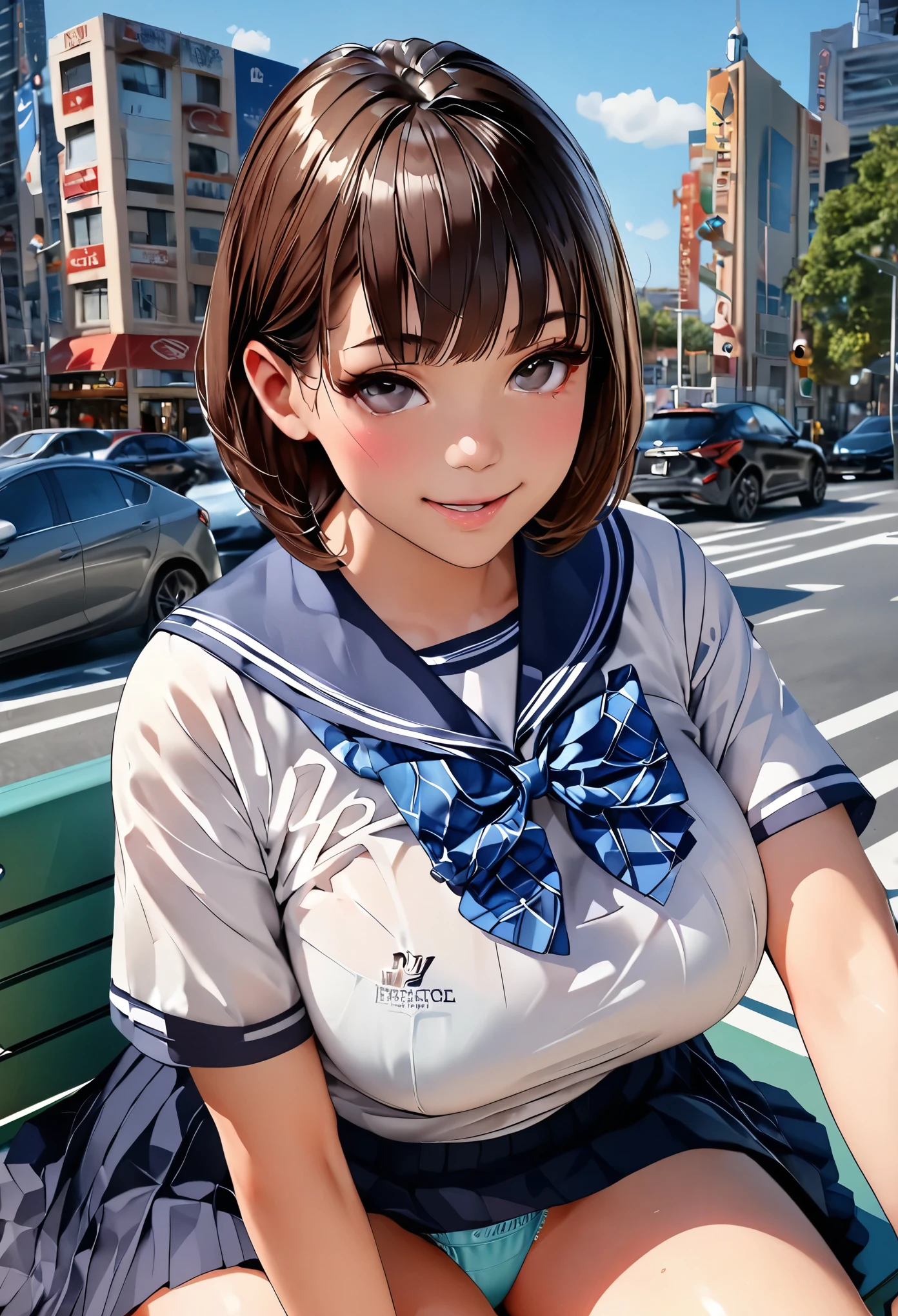 (masterpiece:1.3), (8k、Realistic, RAW Photos, highest quality:1.2), (alone), (1 girl), (cute:1.3), (Very beautiful 14 year old Japanese girl), Symmetrical perfect face, nice smile, Red cheeks, (Skin with attention to detail: 1.2), Photorealistic Anime Girl Rendering, Realistic anime 3D style, beautiful brown hair bob cut, Intense black eyes, Strong eye highlights, (Accurate and natural normal size breasts), Perfect Anatomy, messy hair, (Sailor suit), ((Navy colored white short sleeve shirt, Girls' High School , navy pleated skirt, navy blue plaid bow tie)), (Luxury silk bra and panties), Accurate Arm, Five Fingers, Accurate legs, morning, (Beautiful Landscape Background), (Downtown), On the bench, get up, Volumetric lighting, Soft Light, bright, neon, bright色