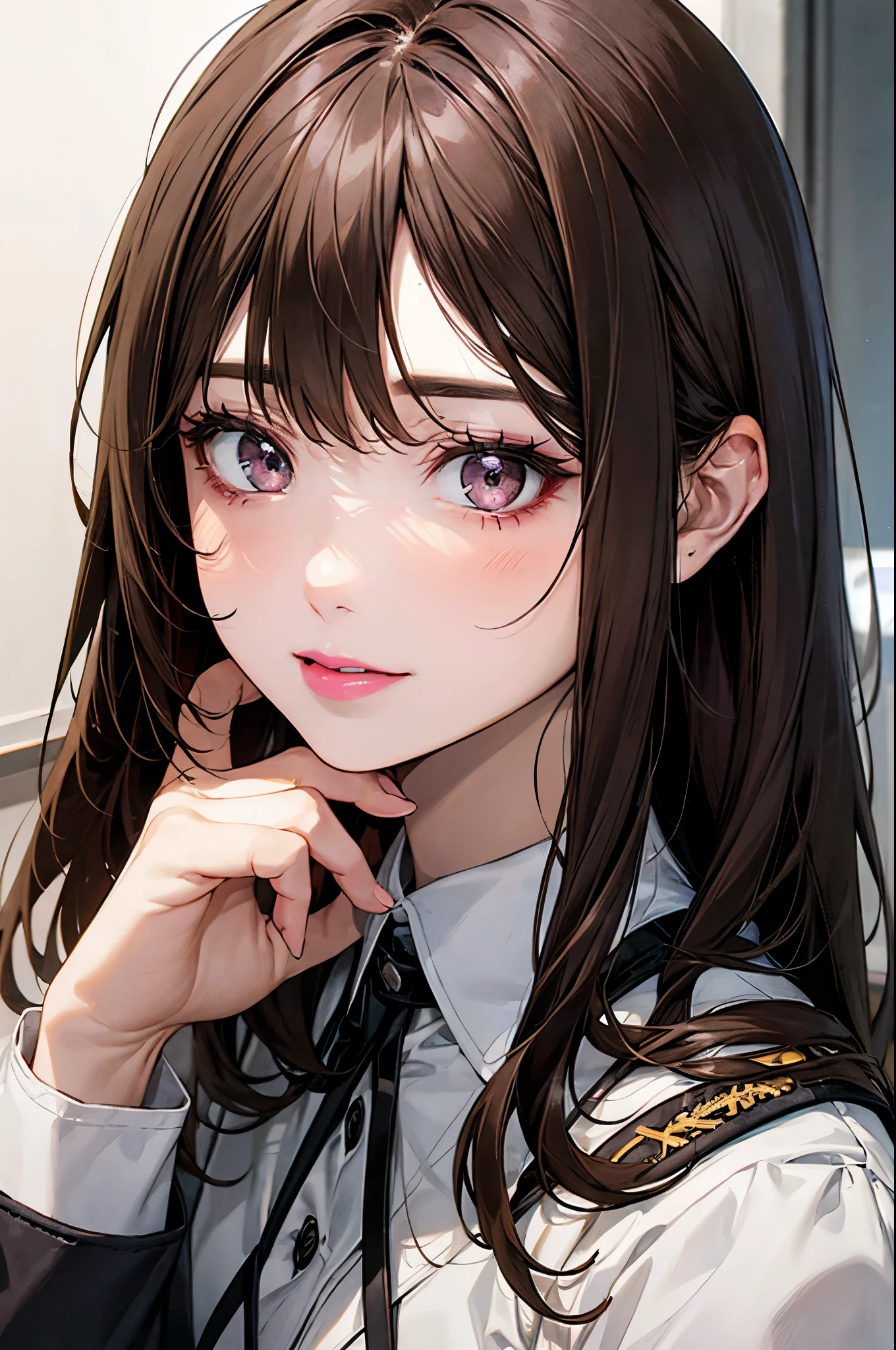 Girl, long brown hair, gray eyes, sharp features, white skin, pink lip, uniform 