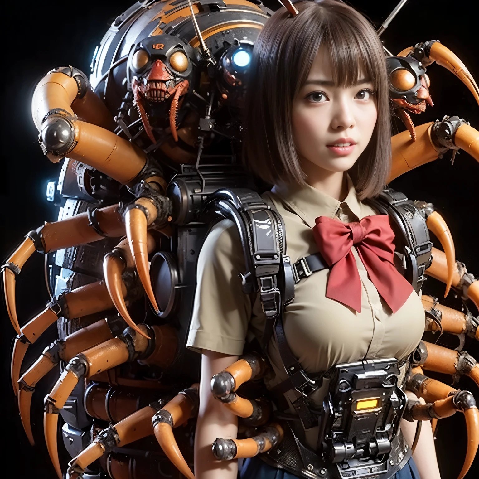 A spider-inspired mechanical backpack、devil、Strengthen the outer frame、Japanese women、Very beautiful face、full body shot、Realistic、Ultra-realistic、Super detailed、Extremely intricate details、Lighting that highlights the machine、Glossiness、Ruined metropolis background