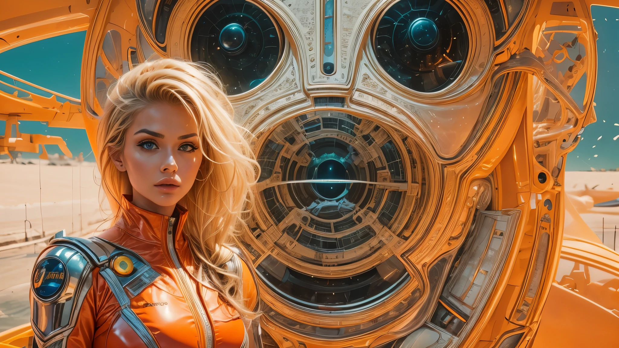 arafed image of a white woman in a futuristic suit with a spaceship in the background, movie art, in front of an orange background, inspired by Robert McGinnis, female protagonist, megastructure in the background, portrait of an ai astronaut, astronauts, an astronaut, portrait of a astronaut skeletor, perfect android girl, detailed eyes, perfectly detailed teeth, frank franzzeta and sakimichan