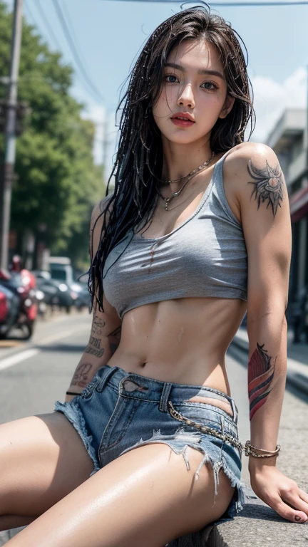 8k, Masterpiece, best quality, realistic, detailsมาก, 1 half-Japanese age girl,19 years old,(sexy model),(Adult movie heroine,Show off the skin:1.3), healthy body,Have a six pack,Healthy body,The body has clearly defined muscles., realistic skin texture, big breasts, staring at the audience, (I see breast marks.:1.4),(Short mesh t-shirt, Torn tank top, Shirt torn, showing breast cleavage,underboobs:1.4), (Torn transparent clothes,Like a rag revealing the insides:1.4), under , micro mini shorts, (The pants were torn open to the waist.),(Sexy ripped pants),(Pants button loose 1.4),(The zipper opened in the shape of a V, revealing her lower belly and underwear.), (open pants),His shorts were torn, revealing skin., (Wear torn clothes.),(Torn clothing),นักกีฬาที่มีHealthy body, Have a six pack,There are muscles in every part., Tightening muscles, Thighs are strong and beautiful., details, Big hips, ขาใหญ่มีmuscle groove, Beautiful muscles,muscle groove, You can see the veins on your arms and hands., แขนมีmuscle grooveสวยงาม,(beautiful tattoo:1.4),( Torn clothes, Skimpy clothes: 1.3), (Torn shirt), restraint, ((Astride a steel bar)),(Completely bound by chains), restraint, slave, collar, insult,red lips,Biting your lip looks sexy,Thin mouth,The corners of the mouth are raised.,(dynamic gesture', (Chained), ((The chain dug into the crotch.)), His hands were tied behind his back., invisible hand, ((4 chains hanging from heaven)), Metal shackles and chains, (Wet with sweat:1.3), crotch clearly visible,movie light, Face focus, good eyes, ใบหน้าที่มีdetails, The face was bright..., during the day, Outdoor coffee shop in the background, low angle shot,photo from knee, View from below,Beautiful tattoos,small belly tattoo,thigh tattoo,upper arm tattoo,combat boots