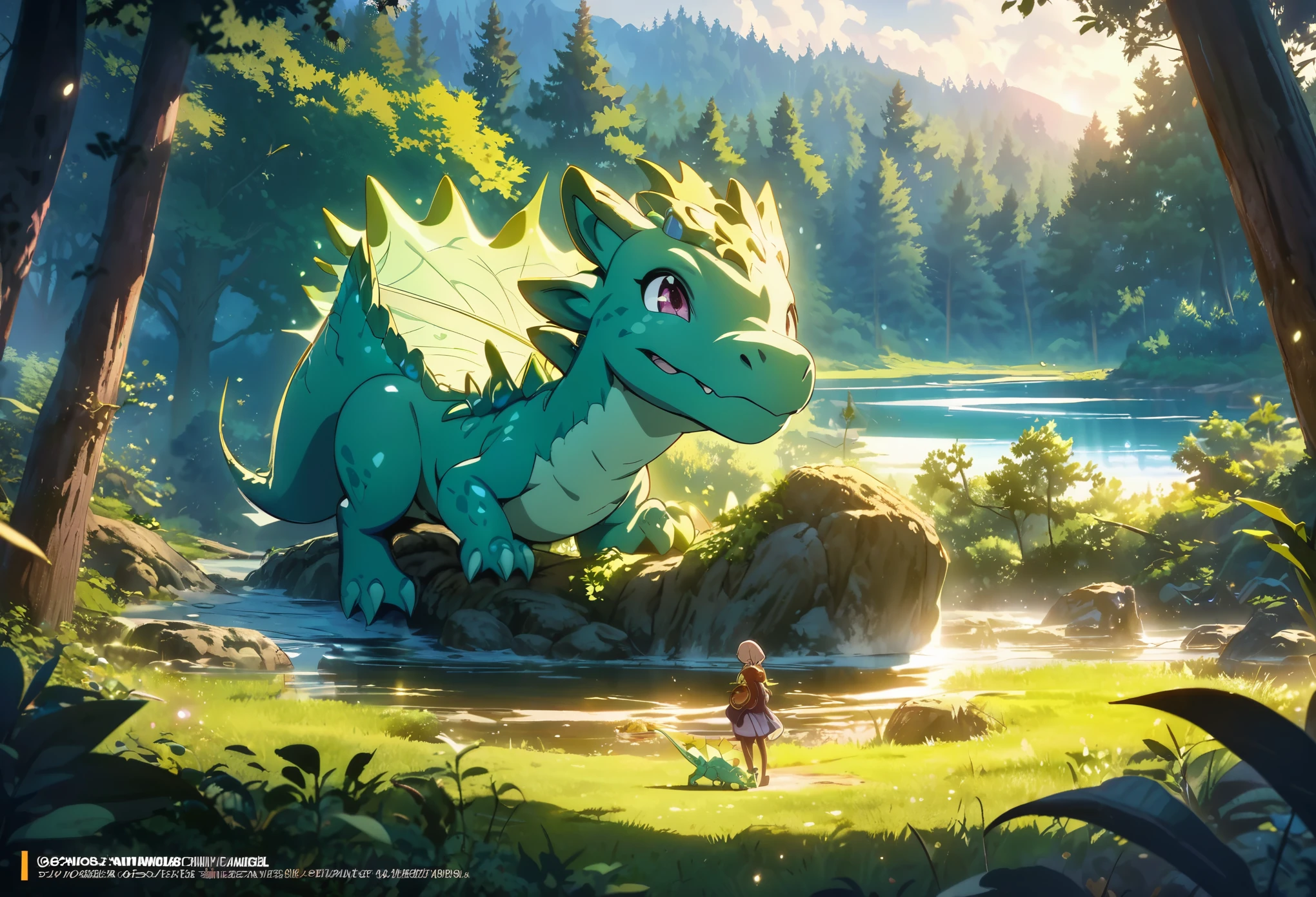 cover page, anime key visual, highres, top quality, best quality, paid reward available, High-quality illustrations, unparalleled masterpiece, perfect artwork, absurdres, Gentle scene, animated style, young girl, tenderly petting, head, body, newly hatched, baby dragon, lush forest, dense, lake, enchantment, magic, strong bond, friendship, rich colors, vibrant, magical environment, forest, lake, soft lighting, dappled, dreamlike, peaceful atmosphere, cinematic lighting,