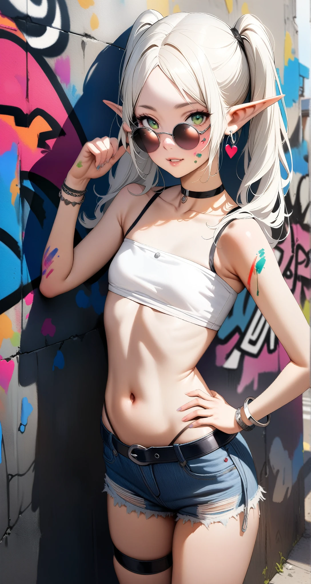 high-key and low-variance brightness scale,soft light,realistic light and shadow, light and dark interlaced,(cowboy shot:1.3),female focus,looking at viewer,dramatic angle,(solo:1.6)
(masterpiece),(best quality),(highres),(by famous artist),(((official art))),(by Paul Hedley),(illustration),(graffiti:1.5),(paint splatter:1.3),
1girl,(frieren:1.6),(elf:1.4),fashionable female
(small breasts:1.3),(whole body),(paint on face:1.2),(round face),(pointy ears),(slim legs),(skinny body),(detailed beautiful face),lustrous skin,shiny skin,(articulated fingers),navel,midriff,((fullness lips))
(white bandeau:1.369),(thong:1.4),(sleeveless),(frayed denim shorts),((thigh strap)),(white socks),(sport shoes),(off shoulders),((belly chain)),belt,hair ornament,heart-shaped earrings,silver bracelet,black choker
outdoor,(summer),street,graffiti wall
((seductive smile)),blush,((standing)),(hand on hip)
(sunglasses:1.3),(green eyes)
(white hair),long hair,twintails,parted bangs,(reflective hair),