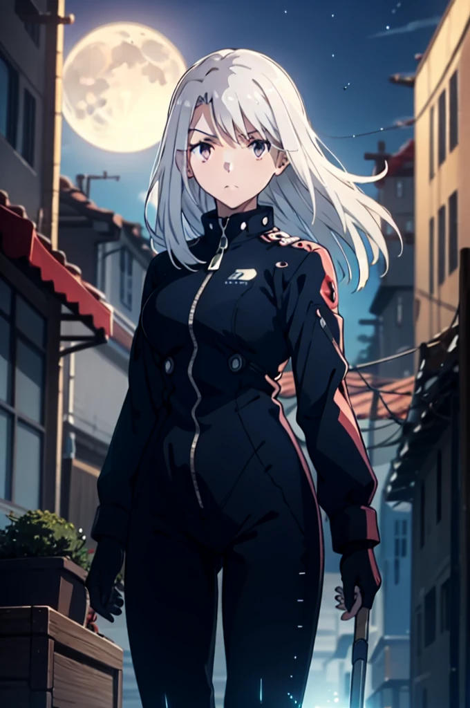  illyasviel_von_einzbern in the style of evangelion, shiny_skin, (clothe inspired by evangelion, aliens, gunbuster, gunnm, metal gear, death stranding), impossible_clothes, bodysuit, white & red bodysuit, suit, pilot suit, jumpsuit, plugsuit, armor, shiny_clothes, jacket, cybernetics suit, gloves, gainax anime style, studio gainax art, studio gainax illustration, inspired by Masamune Shirow, studio gainax, big breasts, two_side_up, full body, can't be this cute, girl on top, long_hair, white_hair, silver_hair, floating_hair, hair_between_eyes, asymmetrical hair, red_eyes, looking_at_viewer, outdoors, holding, holding_weapon, Spear of Longinus, cowboy_shot, background, glowing, moon, red, red moon, full_moon, moonlight, star_(sky), night, city, building, cityscape, science_fiction, ((mature female, mature, milf)), 