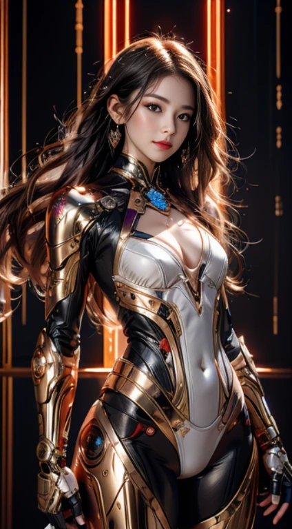 Realistic picture 8k.Masterpiece,hips up,complete anatomy,Maximum details,Highest quality,The light is warm and comfortable on the eyes.,Young woman with long, flowing hair,Sweet smile staring at me,Model poses,cybernetic robot,white bikini body_red_Metallic,morning backdrop