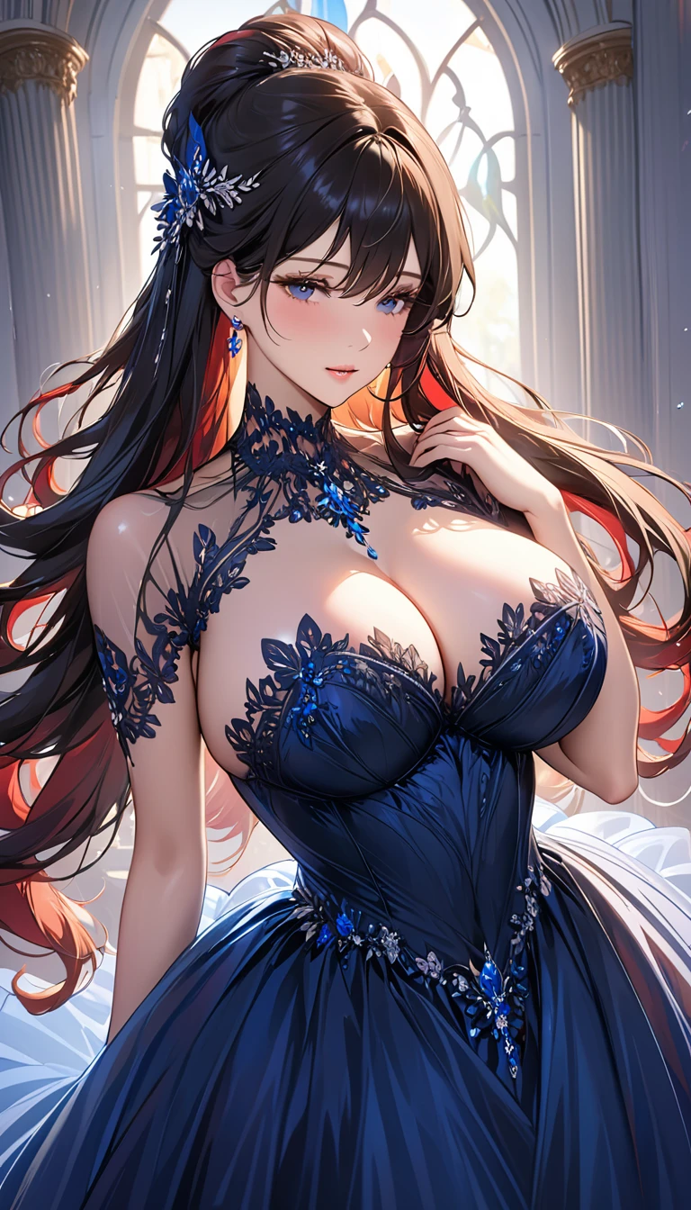 masterpiece:1.4,best-quality,Super Detail,Very Delicate and Beautiful, ( nsfw, 29 years old beautiful woman, long hair ), very gigantic breasts, very slender, dark ball gown, lace ball gown, see-through ball gown