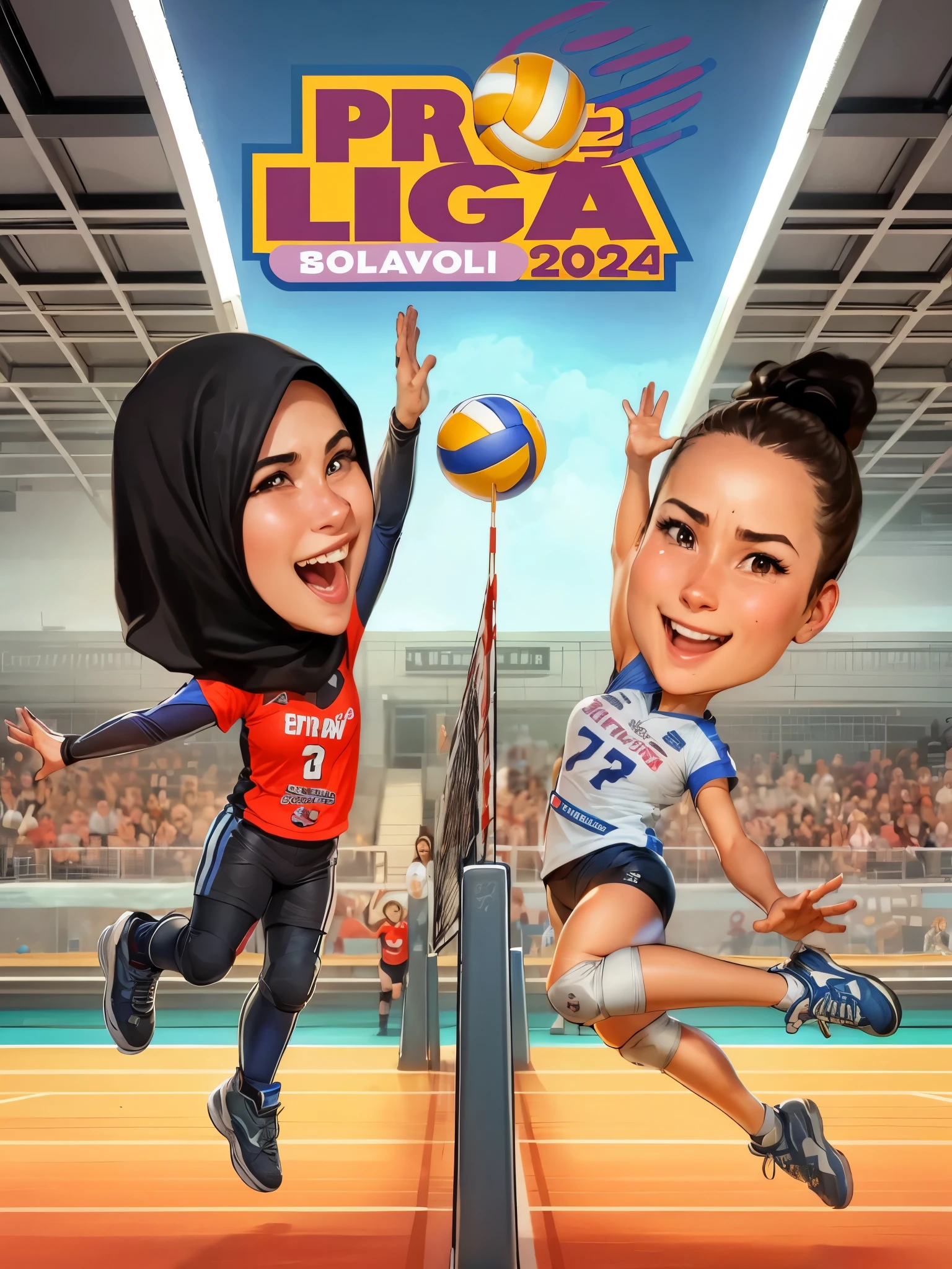 a cartoon of two women playing volleyball, one wearing a hijab and the other not, volleyball, game cover, 2024, 2 0 2 4, game poster, ๐๐๐โบ๐๐๐, caricature illustration, official fanart, caricature, cover shot, sport game, mobile game, art cover illustration, cover illustration, fanart, Indonesia, in cartoon style, anime cover,