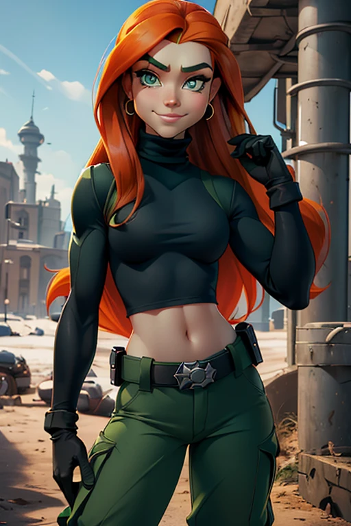 (kim possible, long hair, green eyes, black turtleneck, navel, gloves, utility belt, cargo pants:1.3), smirk, outdoors, adjusting hair, Masterpiece, best quality, detailed background, intricate details, detailed 