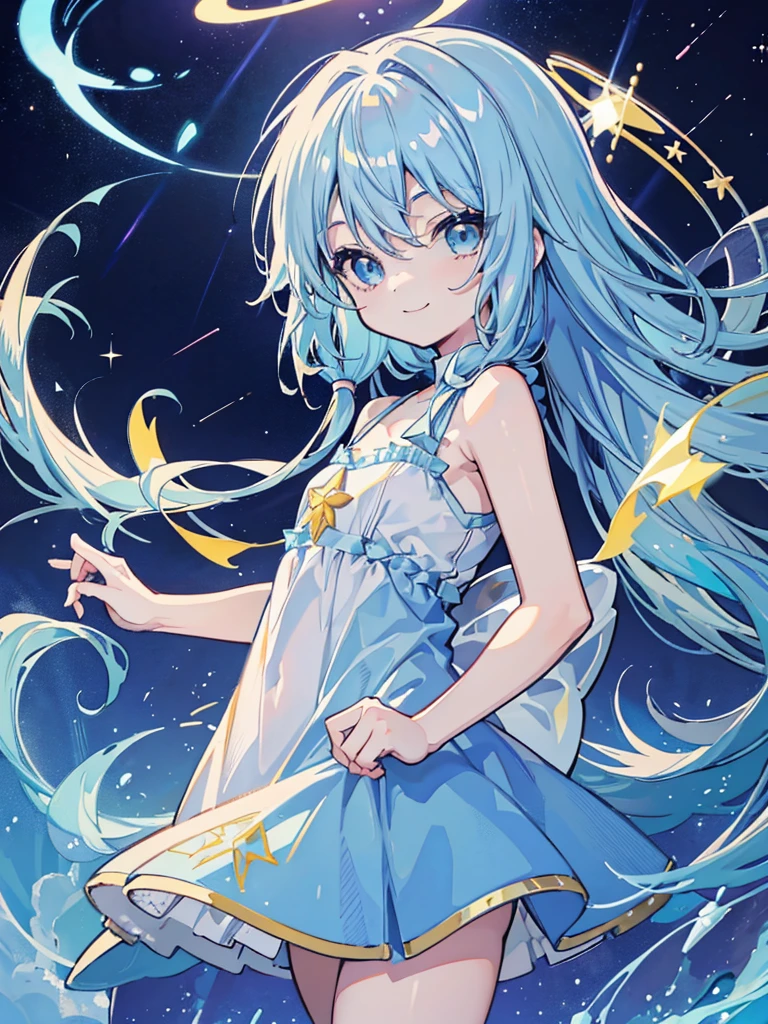 anime movie style thick outline,ultra detailed face,1shota,
chou kawaii shota,light blue hair,loose long hair,
shota wearing light_blue see-though Tulle camisole dress,smile,
ultra detauled halo,saint beam,saint shine star,
junior high school shota,god level cuteness,