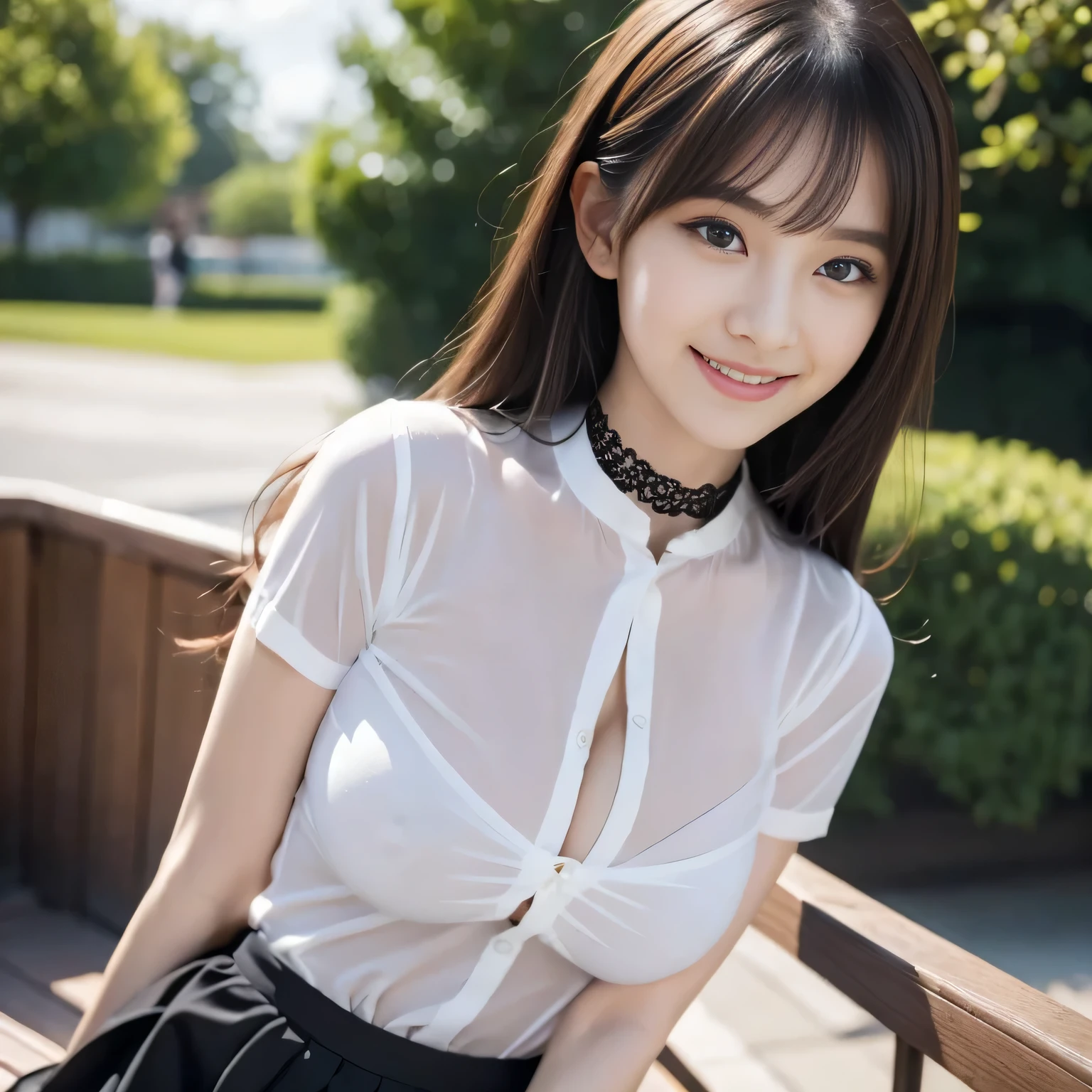 Group photo, Group photo, Very beautiful women, Highly detailed eyes, Highly detailed face, y and highly detailed lips, Super detailed everything, Attractive woman, Black Choker, blue eyes, Very long eyelashes, bangs, Big(smile)), highest quality, masterpiece, ((Slim face)), Japanese actress, servant, ((High nose)), ((Tight shirt、See-through shirt)), Happy atmosphere, Fun smile,, mini skirt, garden、Nipples are vihrough the