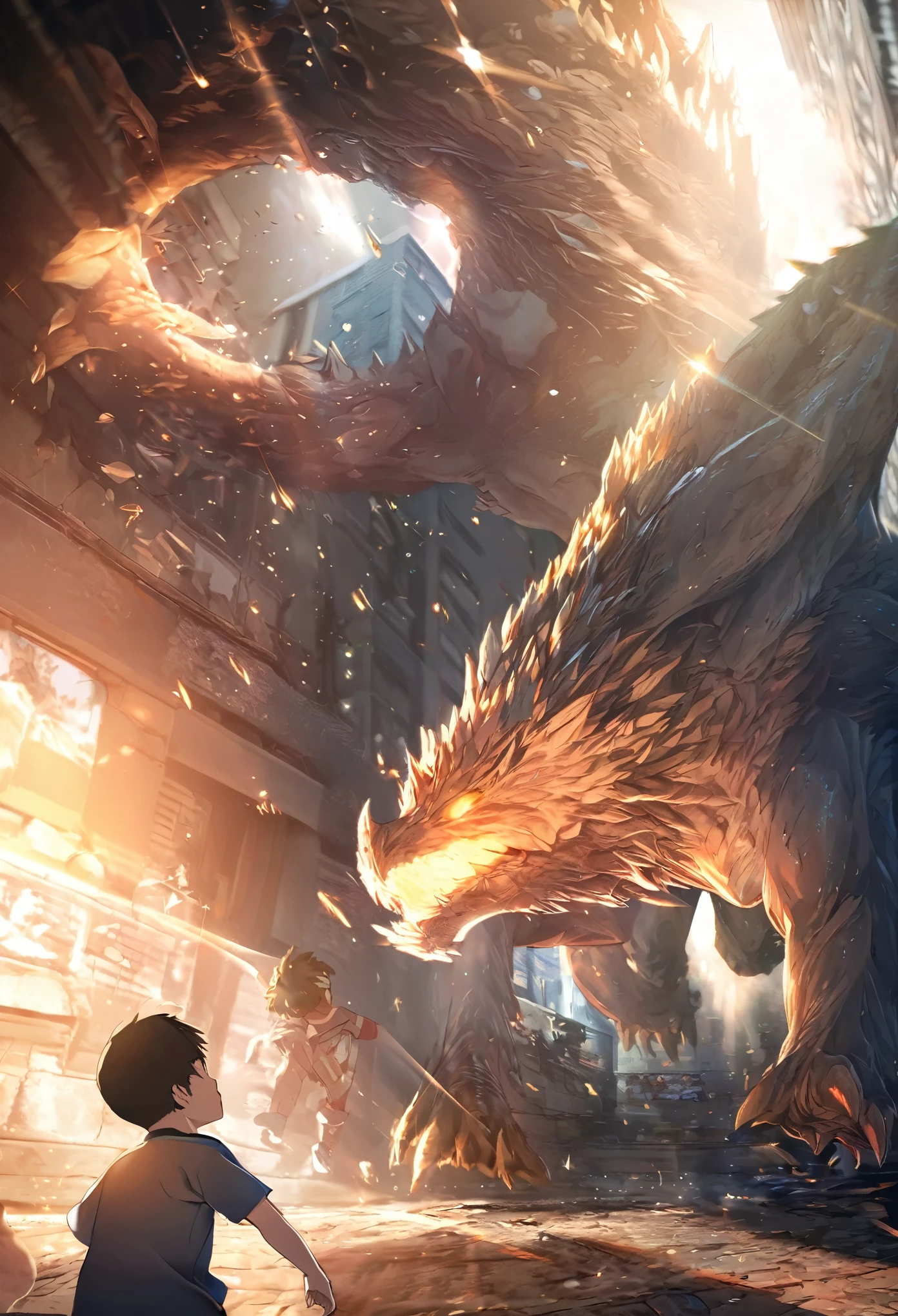 top quality, best quality, High-quality illustrations, masterpiece, super high resolution, detailed background, Back alleys((battle movie of Terrifying creatures and human child))absurdres, perfect anatomy, expression, caustics, light rays, dynamic lighting, light particles, lens flare, cinematic shadow(kemono, furry anthro)assorted poses, dynamic angle,