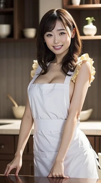 One Woman、Big slanted eyes、Naked with an apron:1.5、The sides of her breasts are visible through her apron、((Randomly sexy poses))、Tie your hair up、smile、Ruffled Apron