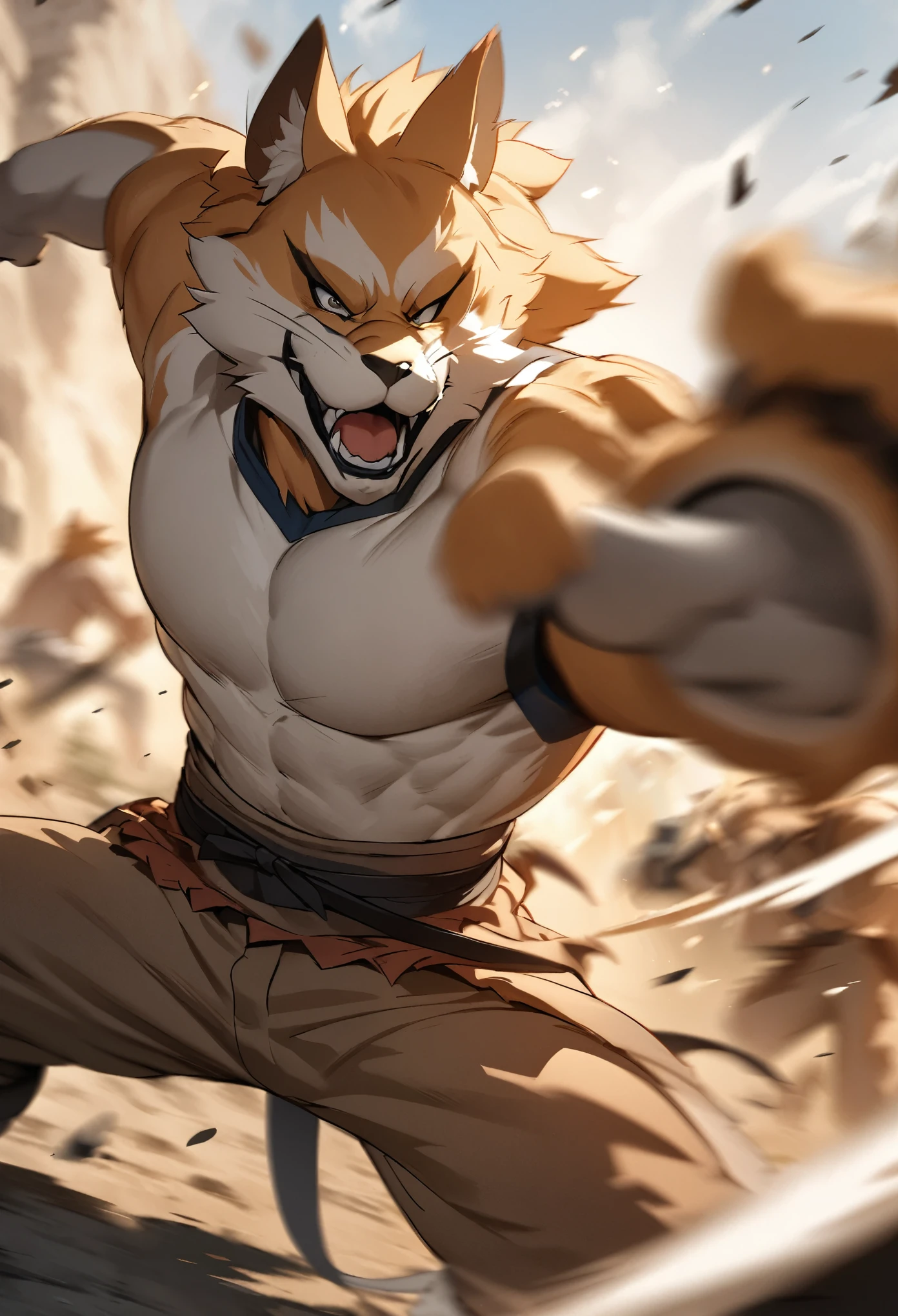 top quality, high-quality illustrations((masterpiece))depth of field, motion blur, absurdres, Perfect Anatomy, magnificent picture of kemono fighting fierce battles, kemono, 1boy, solo focus, Anthro((dramatic))epic, weapon, dynamic pose, One scene of movie,