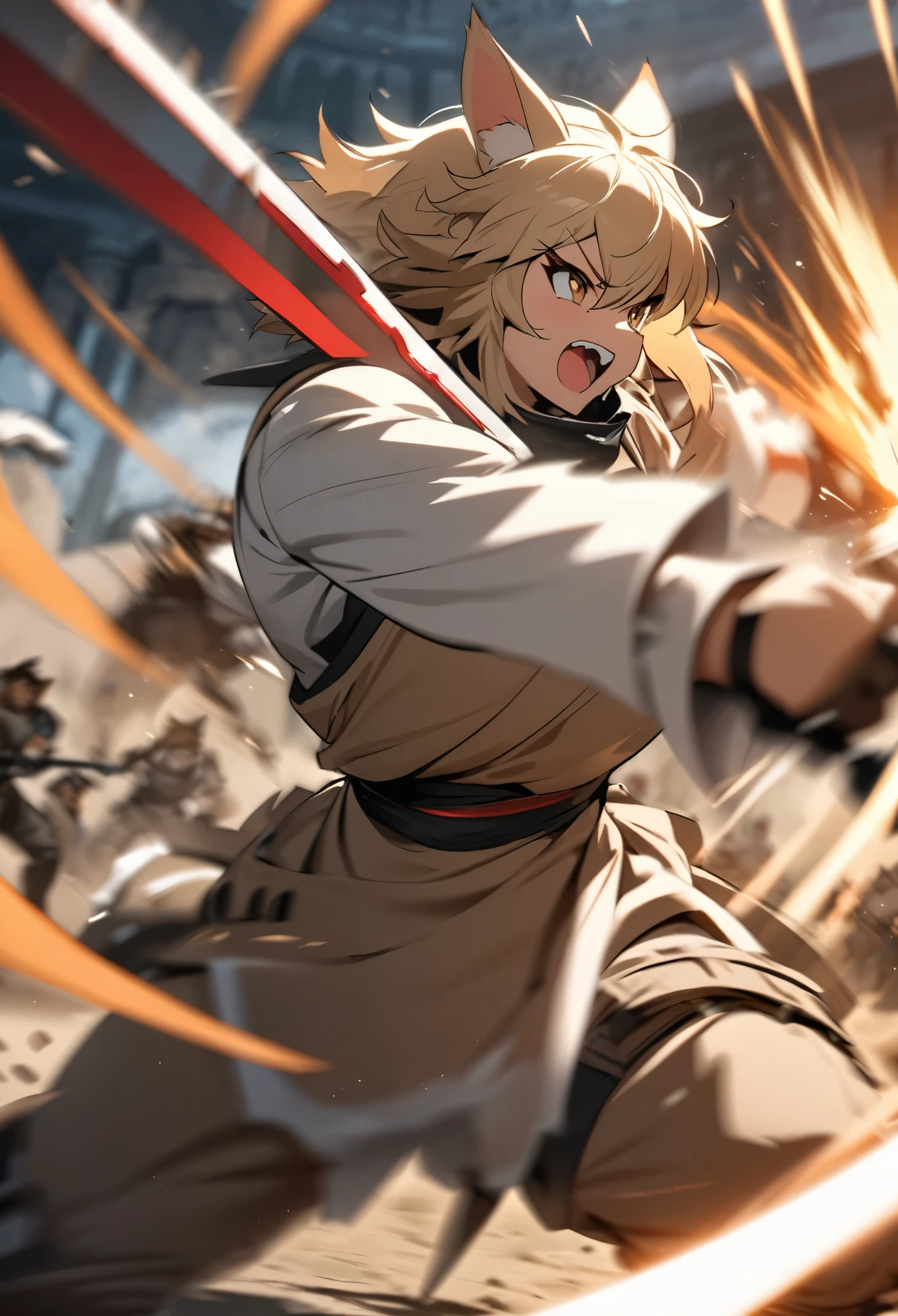 top quality, high-quality illustrations((masterpiece))depth of field, motion blur, absurdres, Perfect Anatomy, magnificent picture of kemono fighting fierce battles, kemono, 1boy, solo focus, Anthro((dramatic))epic, weapon, dynamic pose, One scene of movie,