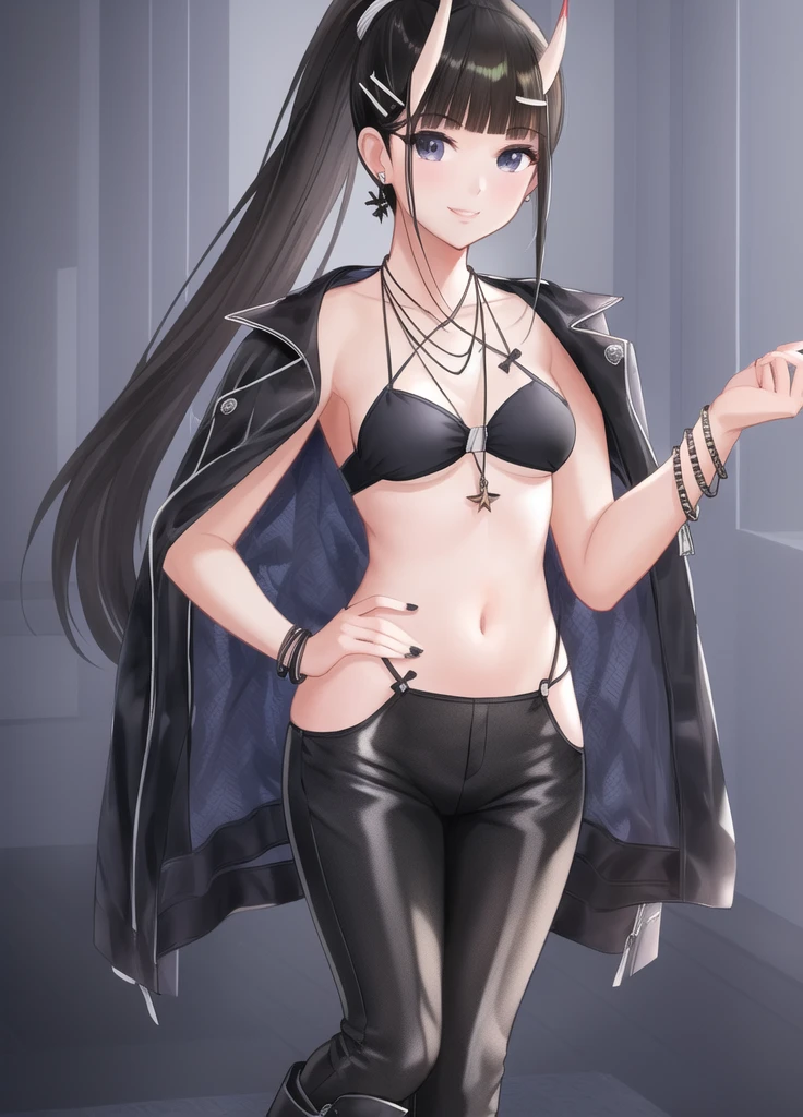 1girl, city,BREAK
zozo-nosiro,oni horns,black hair,black eyes, long hair, ponytail, black bikini,black jacket, boots, bracelet,black enamel pants,pendant, BREAK smile,sitting,
BREAK, (dark light:1.2),(hyper extreme detailed),(masterpeace:0.5),(hyper extreme),(photorealistic),game cg,llustration,novel illustration,beautiful lighting,light from the front,