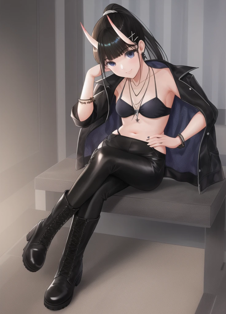 1girl, city,BREAK
zozo-nosiro,oni horns,black hair,black eyes, long hair, ponytail, black bikini,black jacket, boots, bracelet,black enamel pants,pendant, BREAK smile,sitting,
BREAK, (dark light:1.2),(hyper extreme detailed),(masterpeace:0.5),(hyper extreme),(photorealistic),game cg,llustration,novel illustration,beautiful lighting,light from the front,