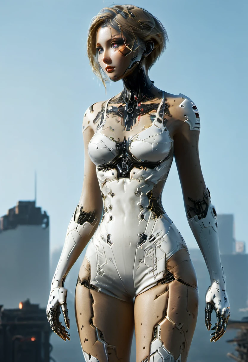 ((masterpiece, highest quality, Highest image quality, High resolution, photorealistic, Raw photo, 8K)), Abandoned robot soldier on battlefield, broken and immobile, rust and moss showing passage of time, female cyborg body, Blonde, female body, biomechanical , extra detailed body, blowjob white mech, white biomechanical details, detailed body, shiny white armor, cybernetic body, eva unit-00 on back, full body details, destroyed city in the background