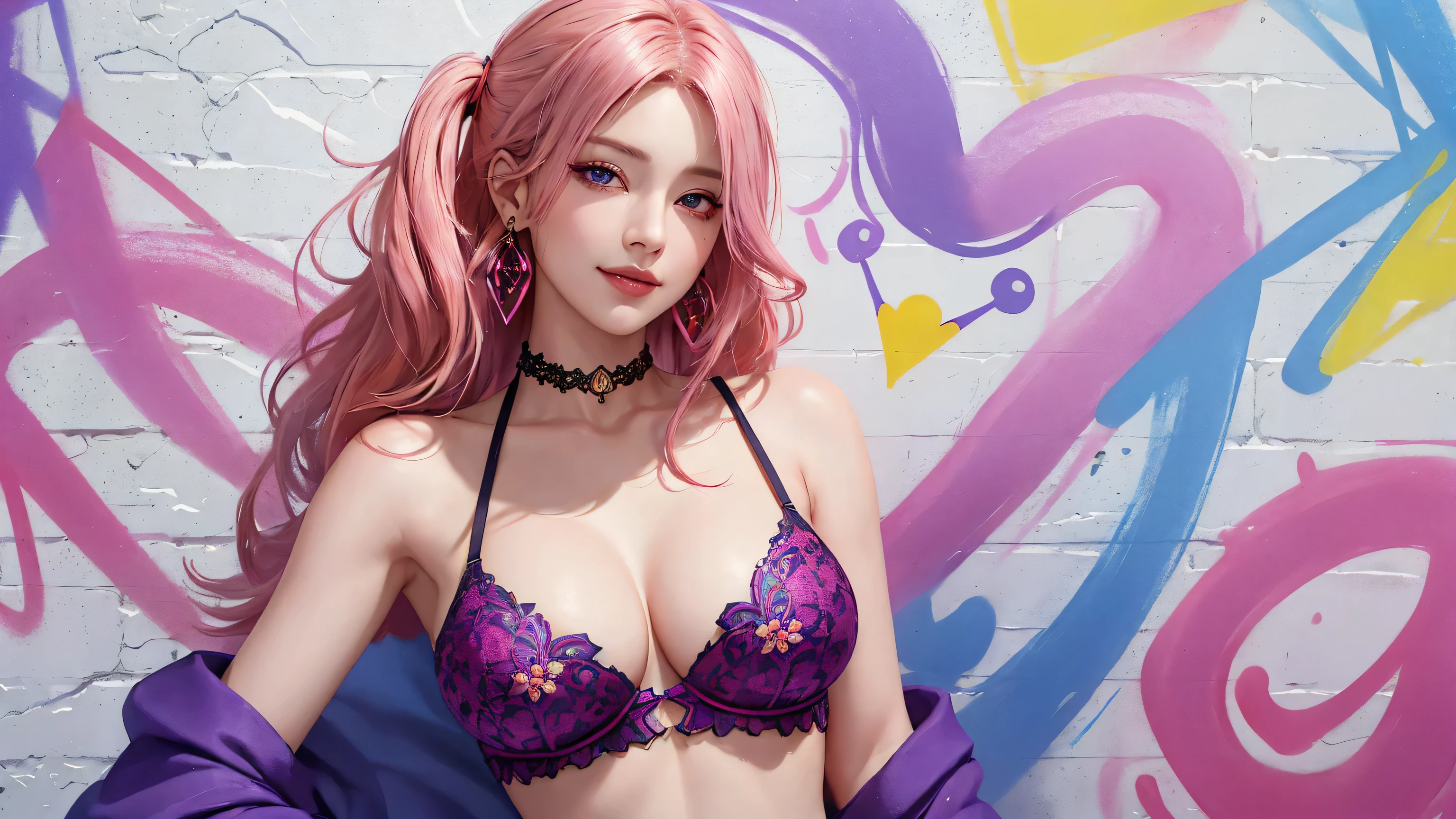 (masterpiece, best quality, 1girl, solo, intricate details, chromatic aberration), realistic, ((medium breath)),long hair, pink hair, red head ornament, pink highlights, hair over one eye,purple eyes, earrings, sharp eyes, choker, neon shirt, She wears a collar, bangles, and a kimono-style garter belt., crop top, (symmetry eyes),(perfect symmetrical body),against wall, brick wall, (colorful graffiti words on wall:1.2), dim lighting, alley ,look at viewer、dig breasts、smile、(No sleeve、Navel exposed、fitted turtleneck)、hot pants string street、thin butt、Please generate above the eaves.、thin shoulders、In underwear、