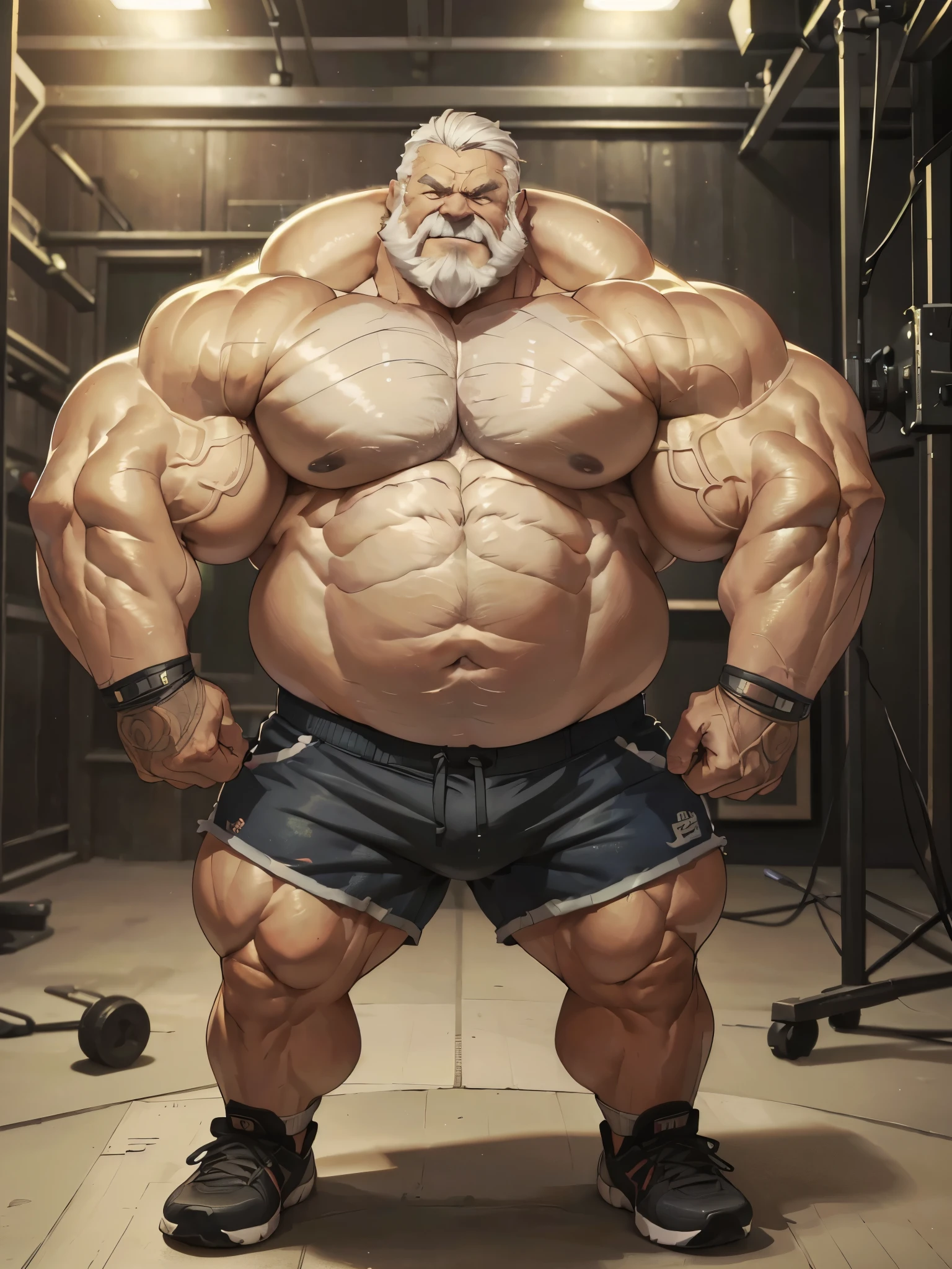 (best quality,4k,8k,highres,masterpiece:1.2),ultra-detailed,(realistic,photorealistic,photo-realistic:1.37),((massive muscular)) ((huge Muscular)) chubby old man standing in photo studio, simple background, flexing muscle, shorts and shoes, white hair, super thick arms, super big pectoral, super wide pectoral, topless, shirtless