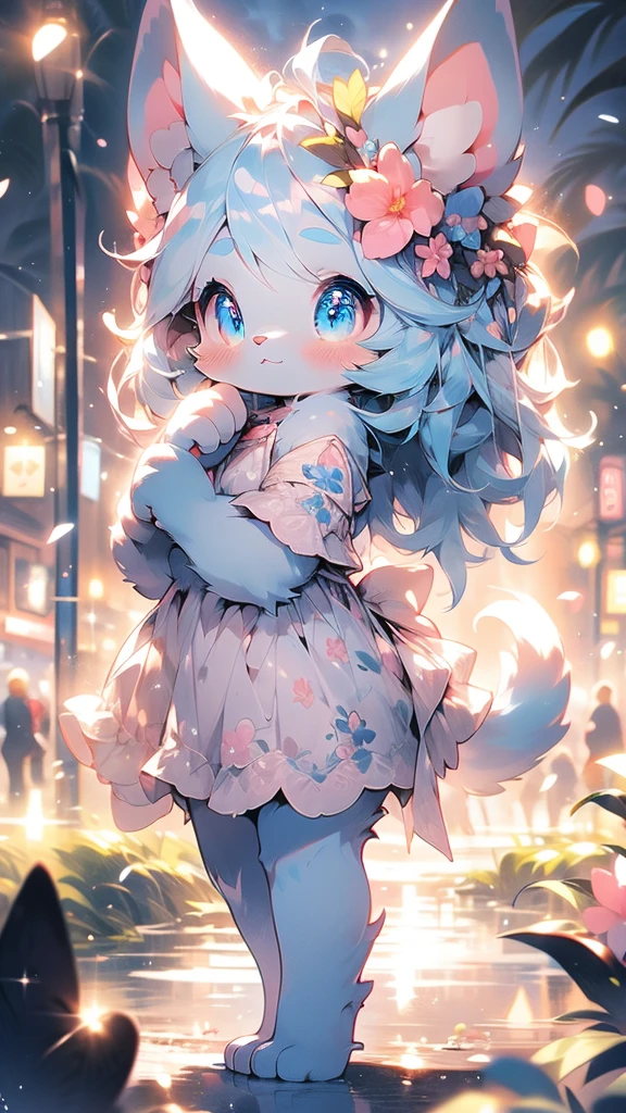 Solitary, official art, Unity8k Wallpaper, Ultra Detailed, Pretty and beautiful, fair, masterpiece, best quality,dreamy atmosphere, Calming color palette, peaceful mood, Pastel tones,kitten，White fluff，Fluffy white ears white tail，blush blush，HD Wallpapers，16k resolution，Deep, powerful blue eyes，fluffy tail，Pink cat ears，Plush body，paw,furry