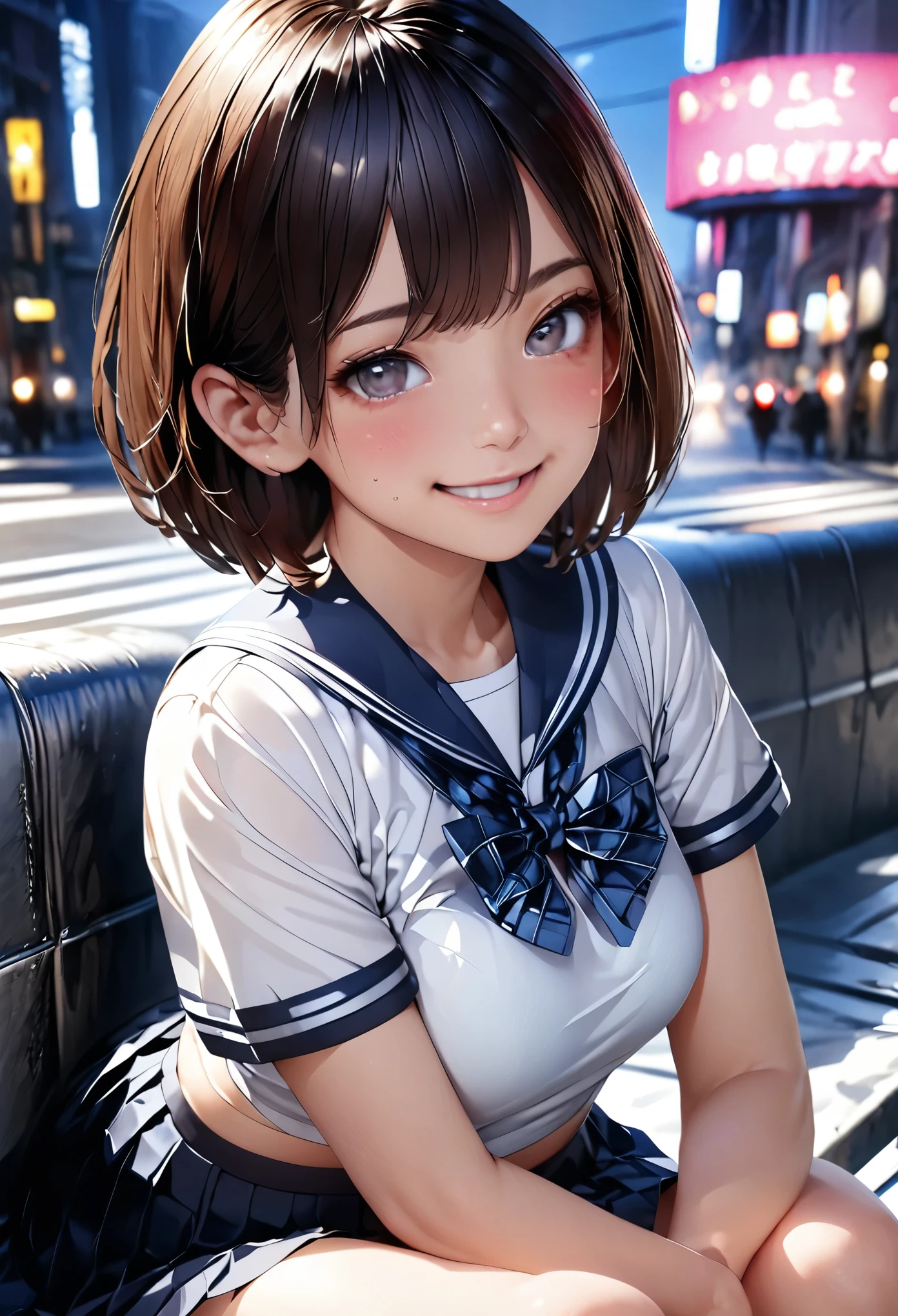(masterpiece:1.3), (8k、Realistic, RAW Photos, highest quality:1.2), (alone), (1 girl), (cute:1.3), (Very beautiful 14 year old Japanese girl), Symmetrical perfect face, nice smile, Red cheeks, (Skin with attention to detail: 1.2), Photorealistic Anime Girl Rendering, Realistic anime 3D style, beautiful brown hair bob cut, Intense black eyes, Strong eye highlights, (Accurate and natural normal size breasts), Perfect Anatomy, messy hair, (Sailor suit), ((Navy colored white short sleeve shirt, Girls' High School , navy pleated skirt, navy blue plaid bow tie)), (Luxury silk bra and panties), Accurate Arm, Five Fingers, Accurate legs, morning, (Beautiful Landscape Background), (Downtown), On the bench, get up, Volumetric lighting, Soft Light, bright, neon, bright色