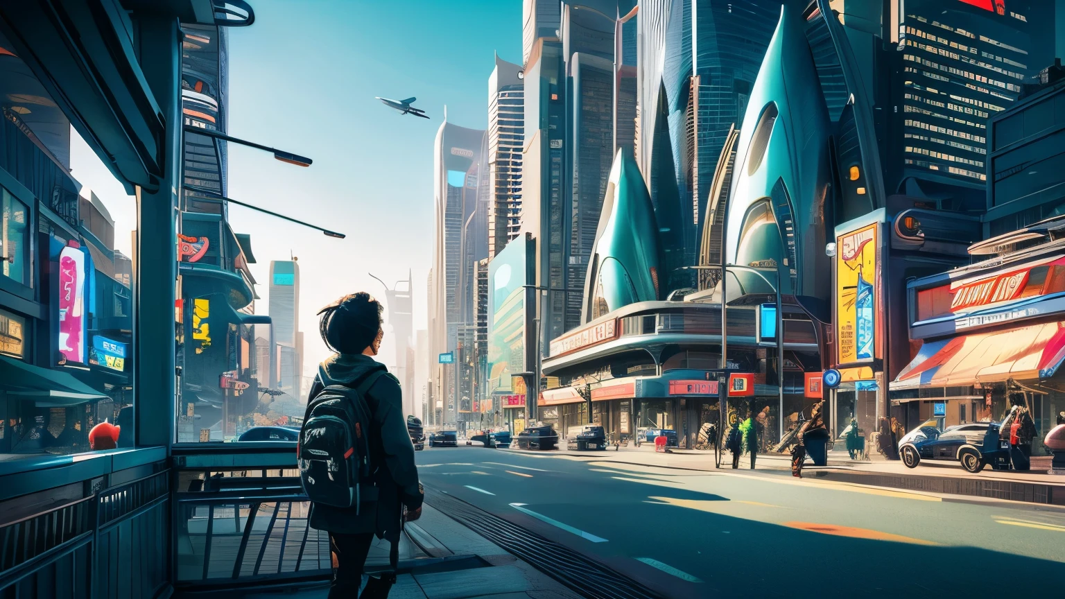A sci-fi super-future city in the morning Curved、Organic and lively Toon Shade