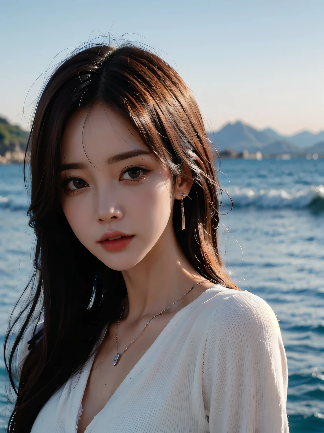 1girl, (looking at viewer:1.2), detail face, (a girl standing, rending on cgsociety, black shadows, streaming, sea backdrop), romanticism, atmospheric, (RAW photo, best quality), (realistic, photo-realistic:1.3), masterpiece, an extremely delicate and beautiful, extremely detailed,