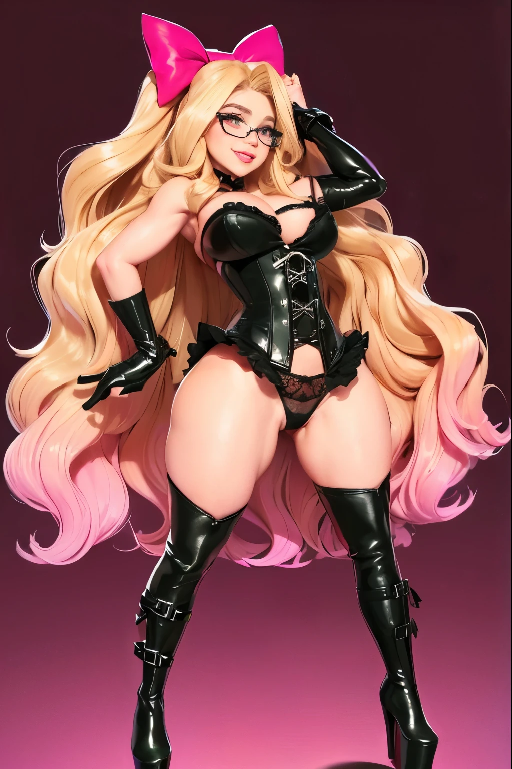 Long wavy blonde hair, green eyes, glasses, pink bow, massive , big ass, juicy lips, big lips, droopy purple eyes, massive lashes,smiling, ((platform boots)), gothic clothes, dark makeup, lace, corset, ((plain background)), standing on dick