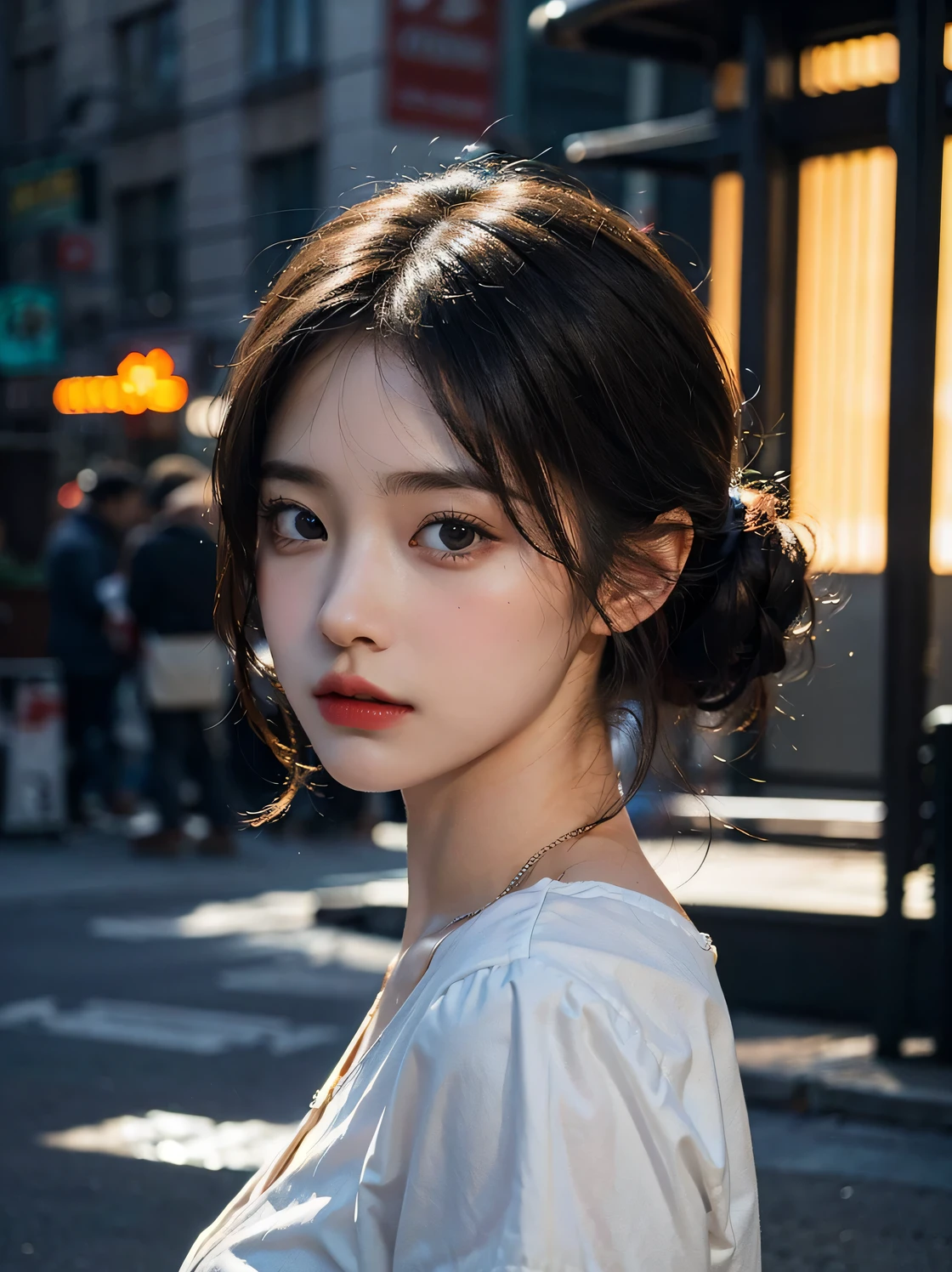 1girl, (looking at viewer:1.2), detail face, (a girl standing, rending on cgsociety, black shadows, streaming, new york backdrop), romanticism, atmospheric, (RAW photo, best quality), (realistic, photo-realistic:1.3), masterpiece, an extremely delicate and beautiful, extremely detailed,