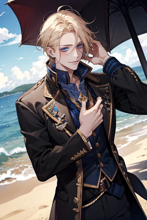 dark blue eyes, natural blonde hair, male, adult, smile, sunshine, pirate, moles on the face