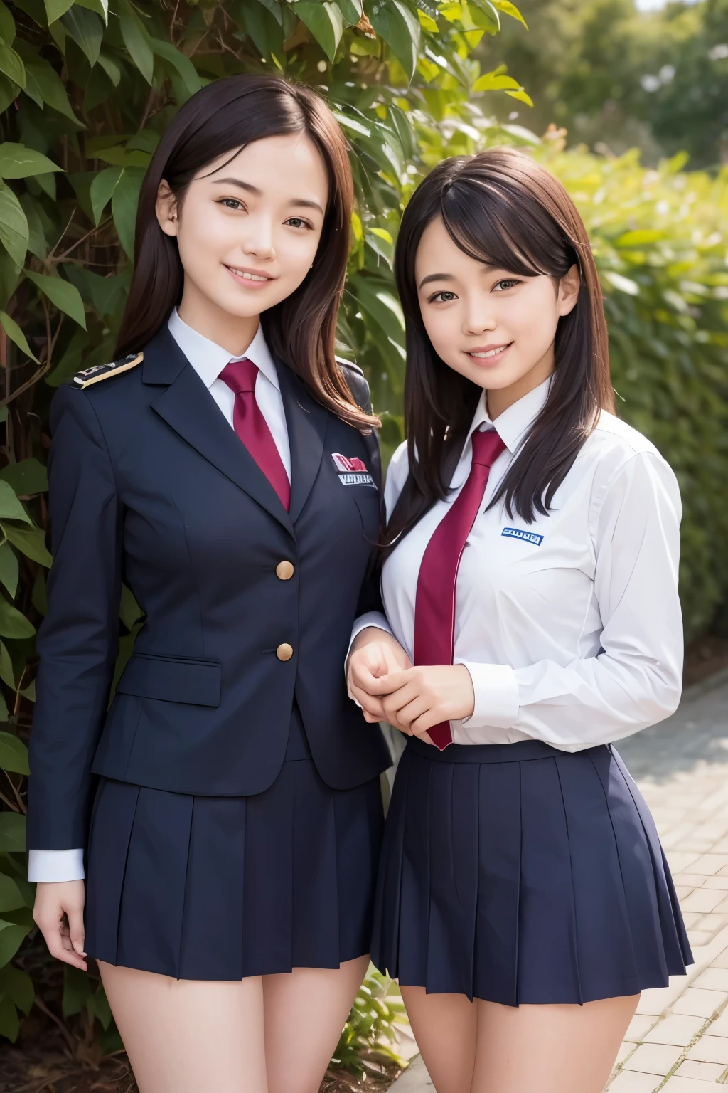 Girl and girl, ((uniform)), light smile, outdoors,