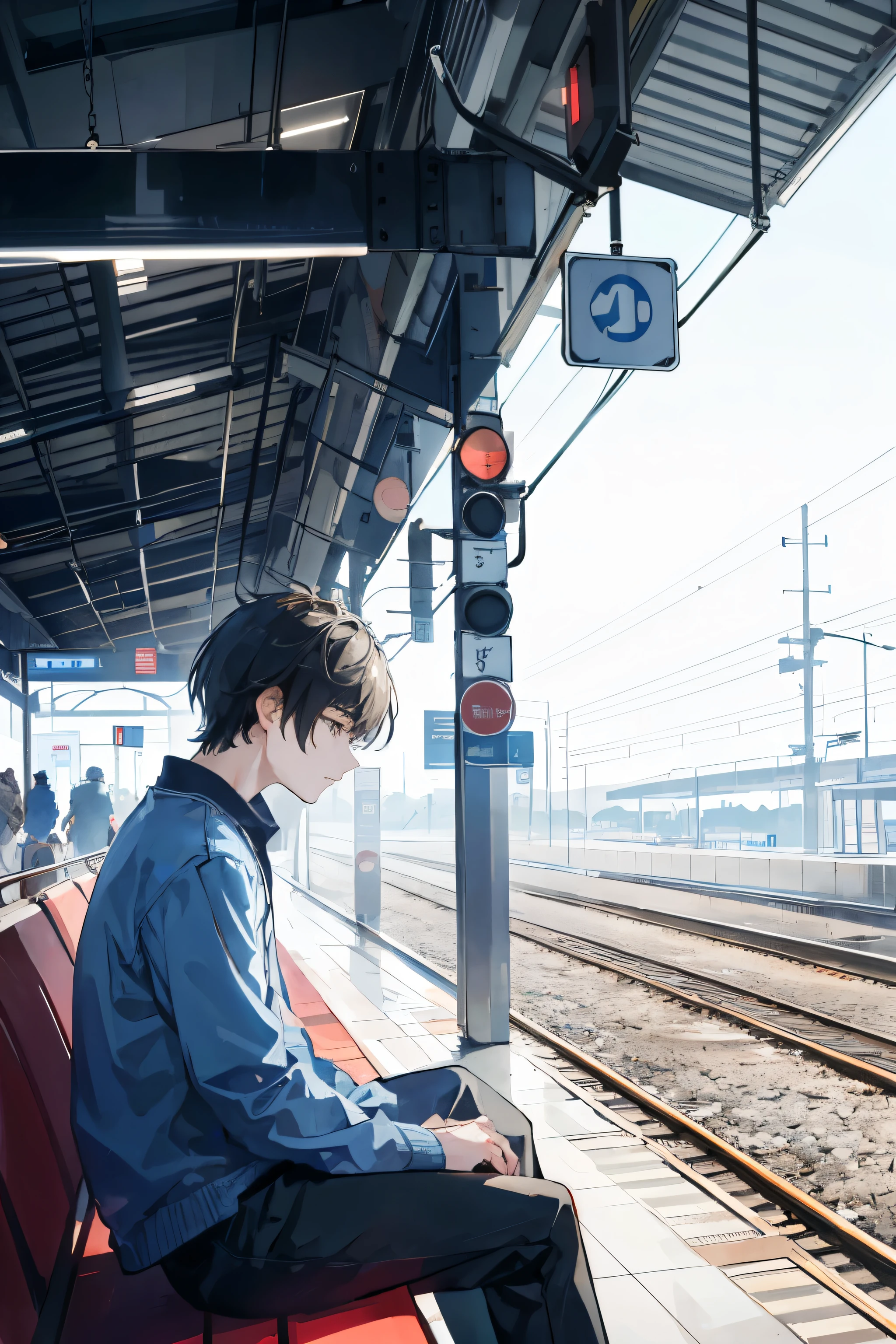 When the high speed train comes、A sad boy is sitting on a bench in a modern train station, Side and rear view, Blurry crowd, sorrow, Light Tone Blue